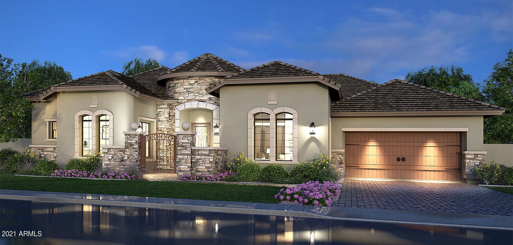 Residence 17 French Cottage with upgrades plus a game room! Just starting 10-12 month estimation. Not final price until all flooring/countertops and shower surrounds selected.   This intimate luxurious gated community offers large lots at 13,300+ sq ft with a community park in a key location! Gilbert is known for its top notch A+ schools, incredible shopping, vivacious restaurants right in the middle of the beauty and charm that Gilbert has to offer. Price does not included front and backyard landscaping. Photos are of Model NOT Actual Home. Taxes are Est.