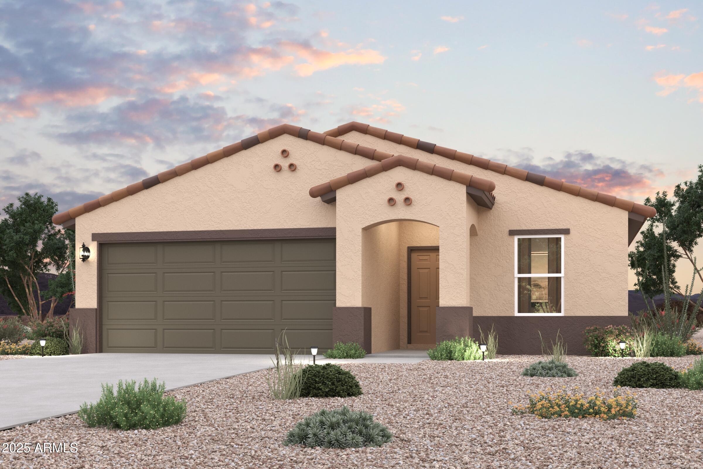 Discover Your Dream Home in the Bisbee Ranch! Introducing the Sterling Plan! This meticulously crafted single-story home offers a harmonious blend of style and practicality. The open-concept great room flows effortlessly into the dining area and a modern kitchen, complete with quartz counters and LG appliances. The primary suite provides a walk-in closet and an en-suite bathroom featuring a double vanity. Two additional bedrooms complement the layout, along with a spacious laundry room. The covered patio is perfect for outdoor relaxation, while the 2-bay garage ensures secure parking and storage.
