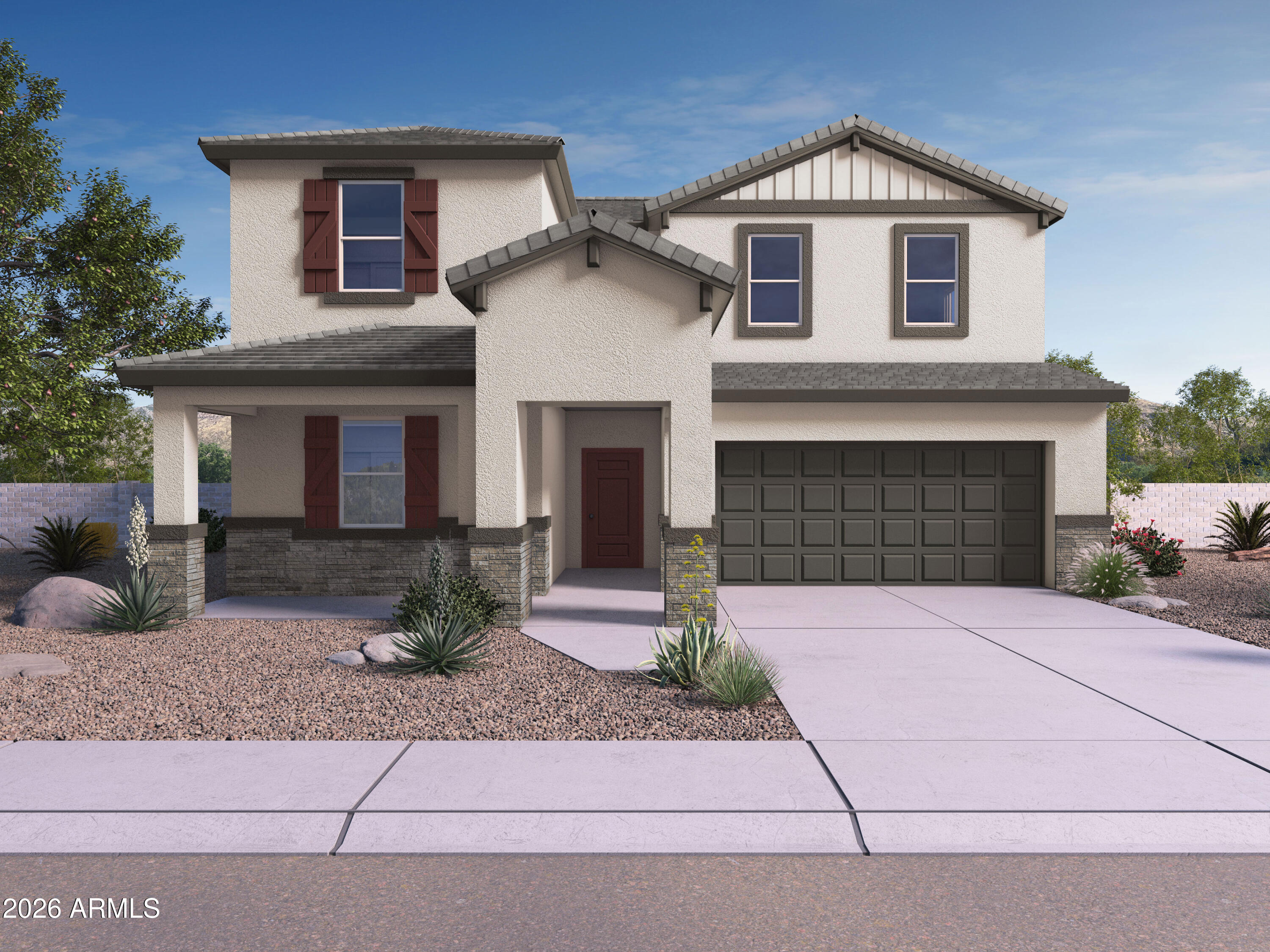 July completion!!! - The Ozark floor plan is a beautifully designed two-story home with the open-concept kitchen, dining area, and great room flow to the open onto a covered patio, perfect for indoor-outdoor living. The first-floor primary suite provides a private retreat with a full bathroom and walk-in closet, while an additional bedroom and full bathroom on the main level offer flexibility. Upstairs, a spacious game room, two secondary bedrooms and a full bathroom, creating the perfect space for play or relaxation. With large bedroom sizes and additional options added such as a gas-stub to the backyard for future entertaining and smart home features such as a WiFi garage door opener, electronic front door lock/keypad, and a 220V outlet in the garage, this home is going to impress!