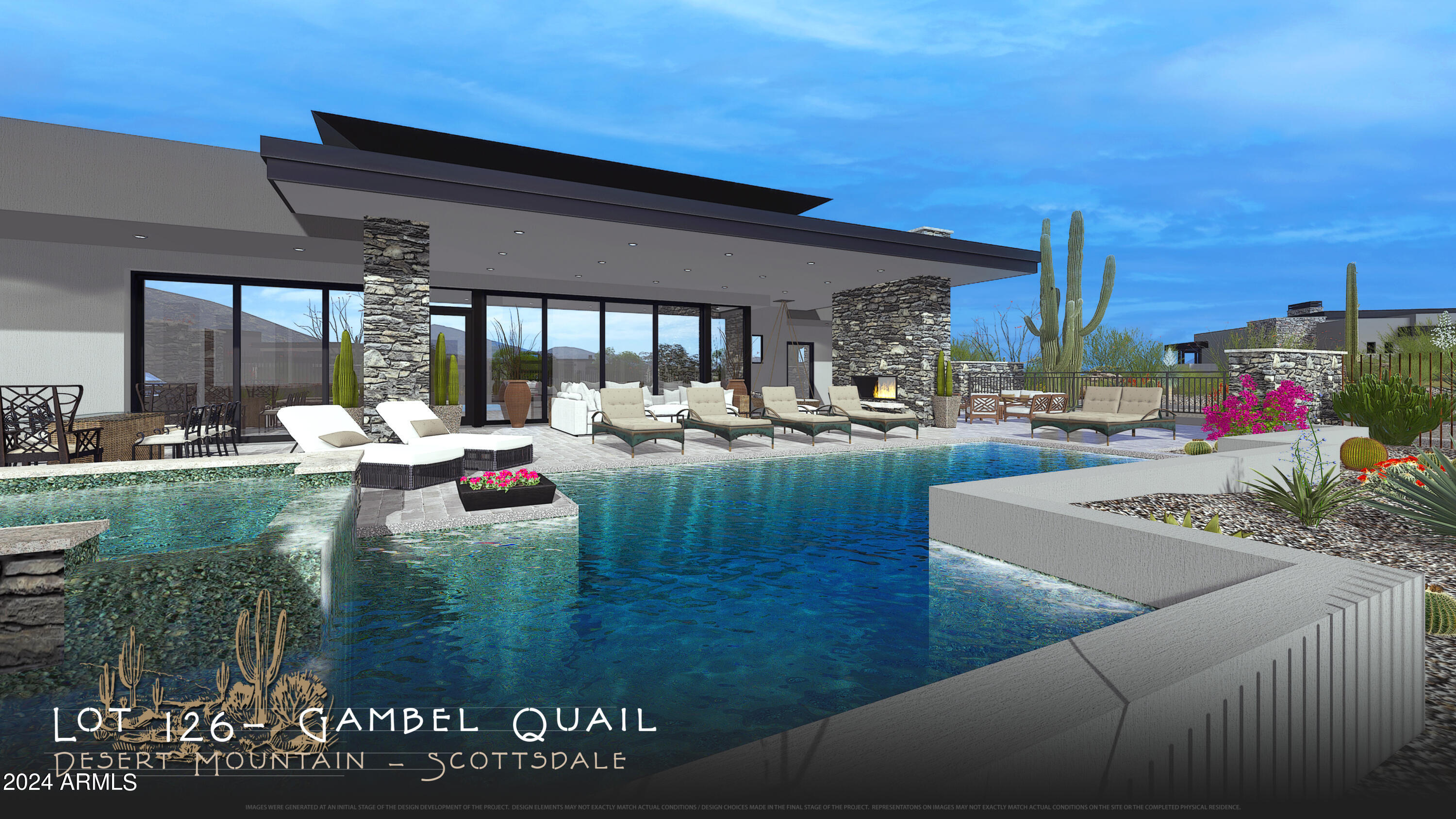 Completion January 2025. Golf Membership available from seller.  New build by leading luxury home builder - Blackstone Development and designed by Graffin Design.  Terrific mountain views from Apache Peak all the way across the Continental Mountain Range to the western mountains and wonderful spring sunsets.  Offering the floor plan today's buyer is looking for: open great room plan with retractable glass doors to enjoy the gorgeous views and one level living with 4 suites plus a study.  Outdoors enjoy a large patio area complete with two way fireplace, pool, spa, and BBQ.  Buyer still has time to put their own stamp on this home and colorize it as they would like to.  Save a year and half of design headaches and just do the fun part-picking out the colors.  Home can be purchased and new owners can start enjoying the Desert Mountain Club upon closing-of course subject to membership approval.  Floor plan is located under the Document tab.  This home is now thru drywall stage and cabinets are being installed.