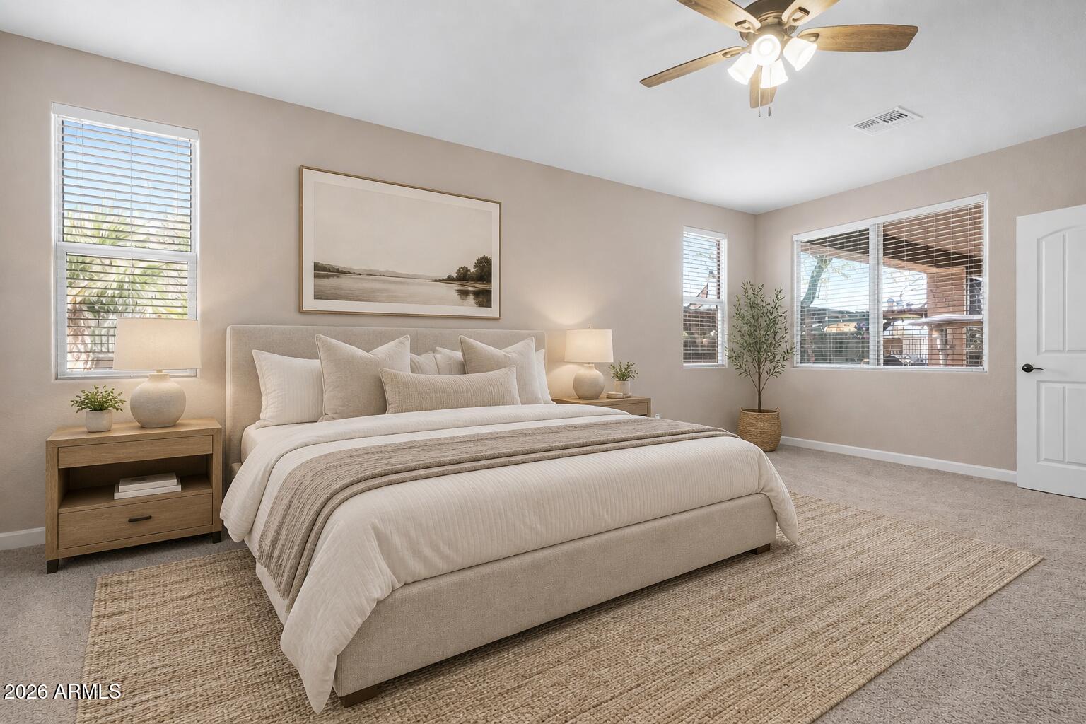 Tucked back on a premium corner lot, this home stands out with no neighbors directly behind -backing to a natural wash, and green space to the East, AND no home directly across, creating a peaceful and private setting that's hard to find.
Inside, you'll find a functional layout featuring 3 bedrooms + office + den, giving you the flexibility that fits your lifestyle. The office has with new flooring and French doors, making it the perfect work-from-home space or quiet retreat. The kitchen has been beautifully updated with new cabinetry, countertops, backsplash, and matching KitchenAid appliances. Thoughtfully designed backyard featuring flagstone paths, stone patio areas, and a pergola-creating multiple spaces to relax and entertain!  Additional updates in doc tab!