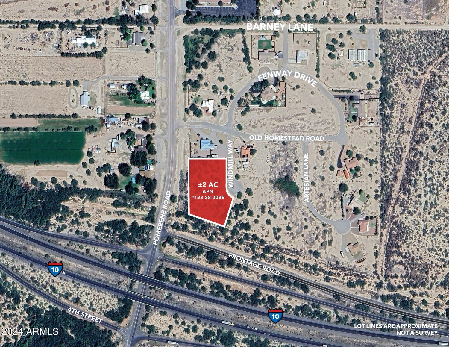 Prime Commercial Land for Sale at I-10 & Pomerene Rd, Benson, AZ. This 2-acre commercial land parcel sits at the hard corner of I-10 and Pomerene Rd. The property offers excellent visibility from I-10, making it an ideal spot for various business ventures. This flat and easy-to-build-on land is zoned B-2 Commercial, with all city utilities readily available. It's conveniently close to town and boasts high traffic volumes on both the main road and I-10. The land's size and location make it suitable for various commercial uses, including restaurants, and commercial business. It also has potential as a Dollar General-type store location or a billboard for generating revenue.  This land presents an excellent investment opportunity, ideal for a mini-storage business ... with power available along the property line, you can easily craft your dream business. Don't miss this rare opportunity for a prime commercial location near I-10 and downtown Benson. Contact the broker for a detailed marketing brochure with more information and seize this chance to create your vision in this fabulous location.

Important Note: Buyer to verify ALL specifics on the subject property.  Including but not limited to, zoning, floodplain, topography, hydrology, and utilities. Buyer to verify the intended use with zoning.  Buyer to verify utility locations, costs, and accessibility. All details provided are for reference only. Please independently verify all information. Any markings or flags on photos and maps are approximate and not professional survey lines.