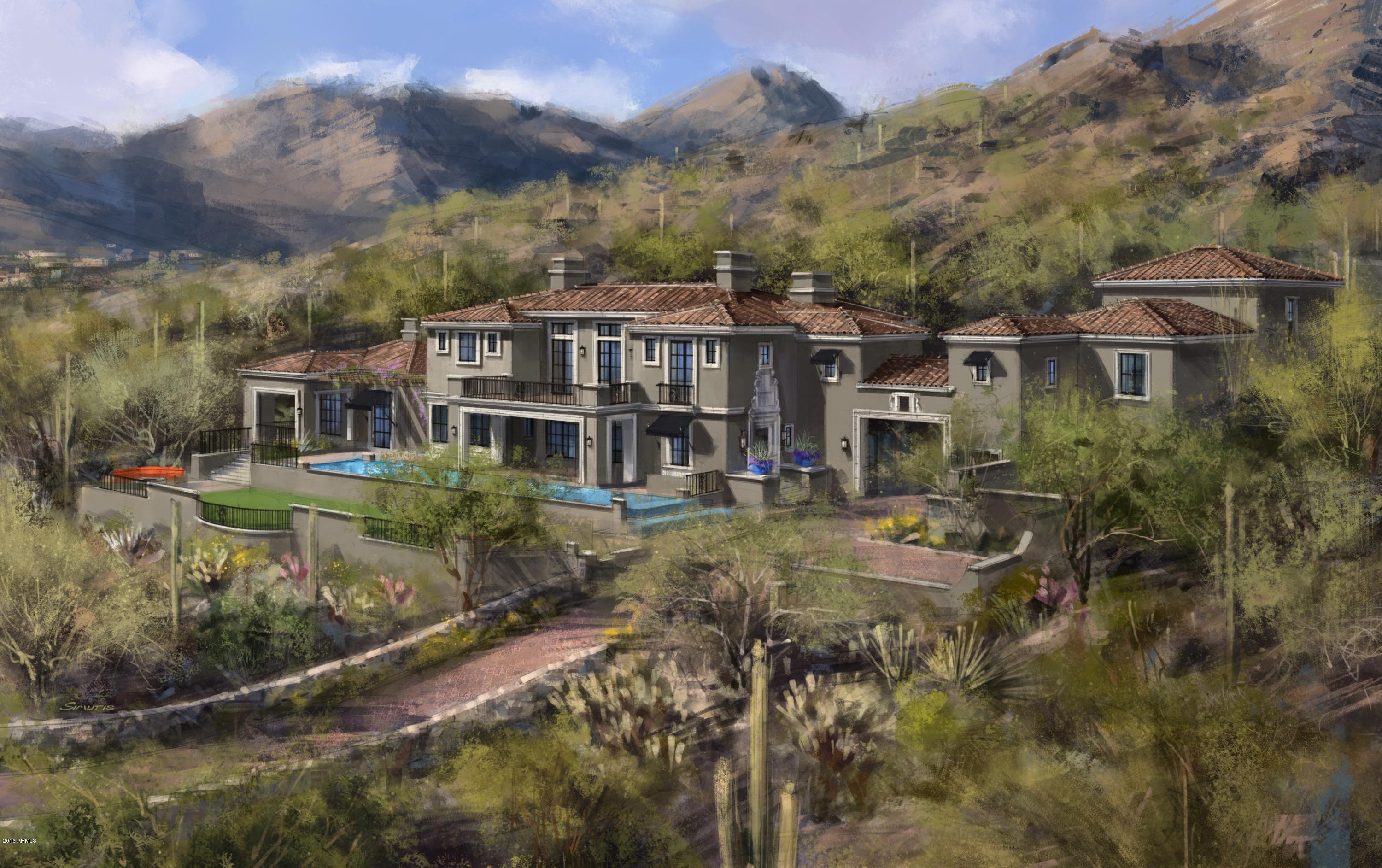 New home in Silverleaf's Upper Canyon! Designed by award-winning architect Erik Peterson of Phoenix Architecture and construction by Sonora West Development, this 9974 sf Formal Mediterranean-style home is located on one of the top sites in all of Silverleaf.  This 4 acre property is perched high up against the mountain preserve at 2255 ft, providing amazing privacy and sweeping, unobstructed city and sunset views to the southwest. Construction expected to be completed Spring 2016.   Greatroom floorplan with master bdrm and study on main level and 3 guest bdrms, media rm and library on 2nd floor (with elevator). Addtl 2 room detached guest house above garage. Classic/ New York loft-style interior design with abundant wood detailing, wrought iron work, and amazing natural light.