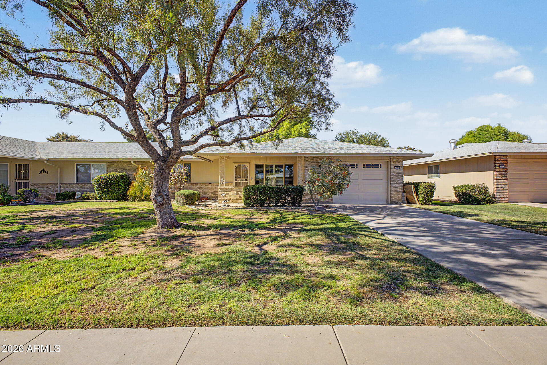 Charming 2 Bedroom 2 bathroom single-story home located in Sun City! Inside, you'll find sizable living spaces filled with natural light, featuring carpet flooring and plantation shutters. The kitchen is complete with spacious cabinetry, ample counter space and built-in essentials for a seamless cooking experience. The main suite offers a private bathroom for added privacy. Out back an enclosed patio is perfect for relaxing outdoors. Don't forget to visit this welcoming adult community's features, including the pool, spa, golf, lake, and tennis court, just to mention a few! Come and see!