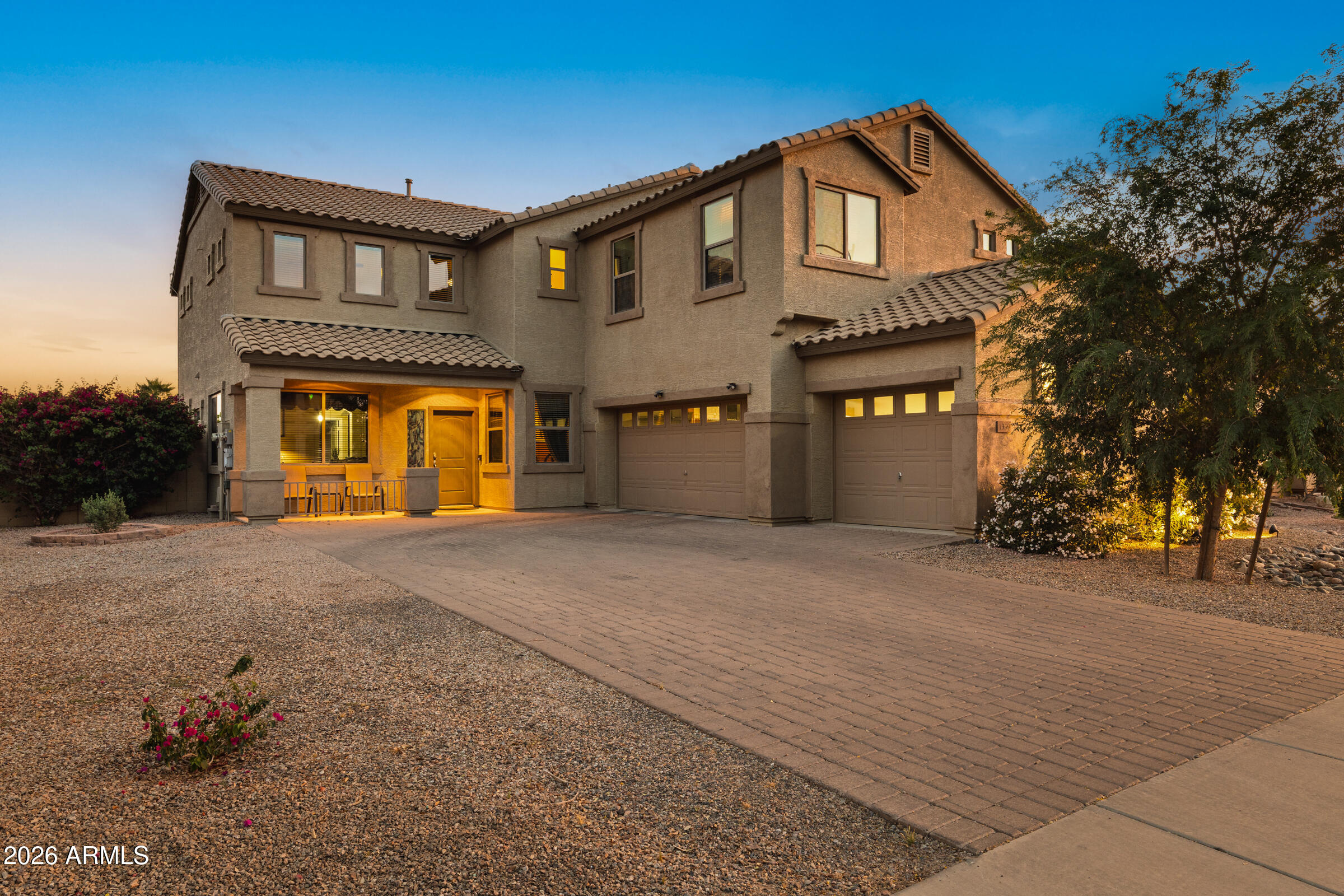 Welcome to this beautiful home in G Diamond Ranch! This spacious 5-bedroom, 3-bath floor plan includes a convenient main-floor bedroom, perfect for guest or multi-generational living or use as a home office. The grand great room features soaring two-story ceilings, creating a bright, open feel. Enjoy a versatile loft idea for a media or playroom. New upgrades include granite countertops, interior paint, flooring in select areas and more! The primary suite features double door entry and vaulted ceilings. Step outside to covered patios, low-maintenance backyard with synthetic grass and paver driveway in the front. Benefit from low electric bills with a great solar system-come see it!