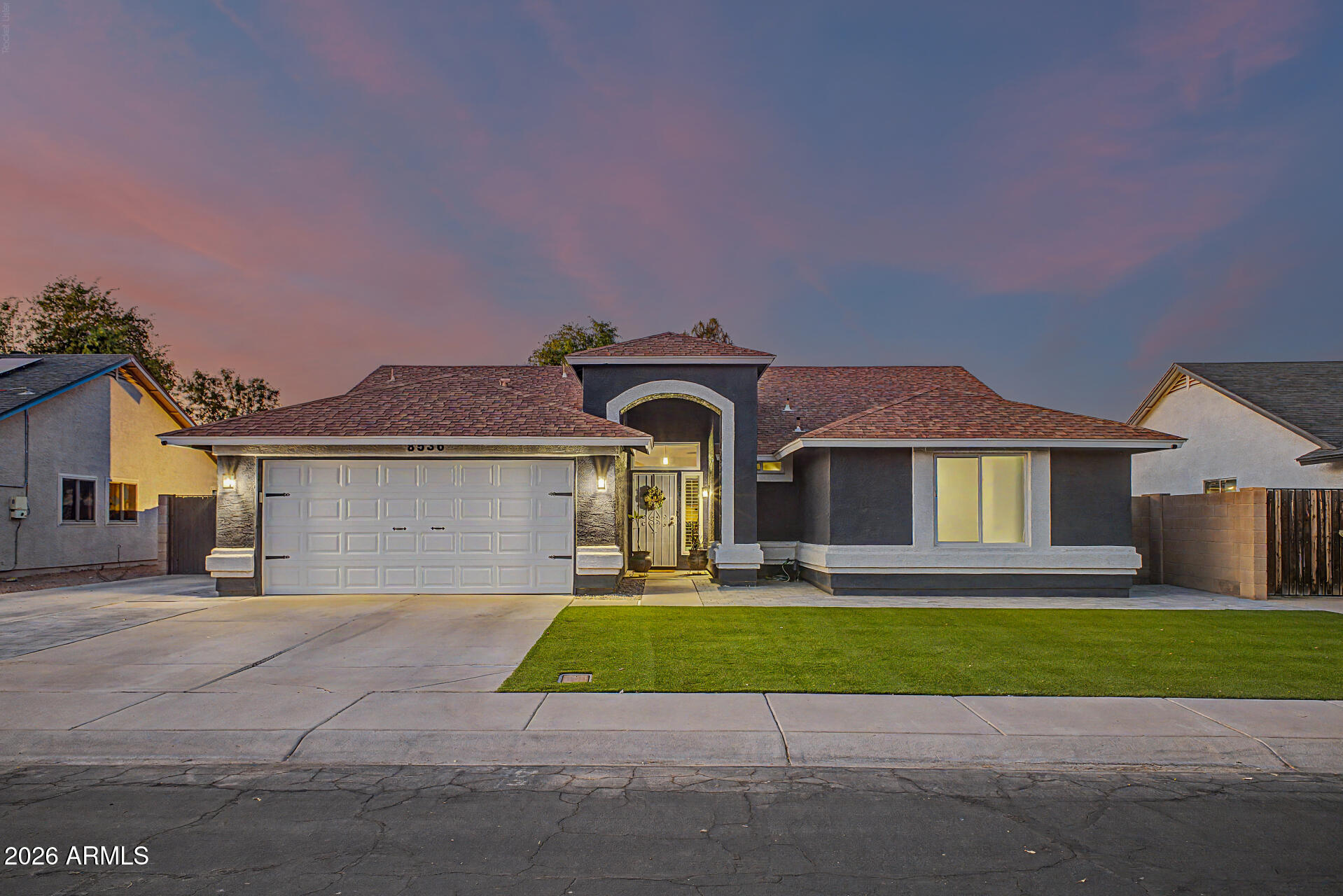 Highly sought-after Glendale property with NO HOA, a big lot, RV gate, and incredible upgrades throughout! This beautifully maintained 3-bedroom home showcases true pride of ownership with vaulted ceilings, abundant natural light, wood-look tile flooring, ceiling fans, and a spacious living room featuring a cozy wood-burning fireplace. The updated kitchen offers quartz countertops, stainless steel appliances, ample cabinetry, and a breakfast nook perfect for everyday living, while the spacious primary suite includes a private bathroom for added comfort. Step outside to an oversized backyard designed for entertaining and relaxation, complete with a covered patio, new pavilion/gazebo, grassy areas, and a storage shed. Extensive upgrades include $27K energy-efficient windows installed in 2023 , insulated garage door in 2024, interior and exterior paint in 2022, front grass and pavers in 2023, new backyard grass in 2025, pavilion added in 2025, A/C replaced in 2019, and bedroom carpet replaced in 2024. This move-in ready home offers the perfect combination of comfort, upgrades, and outdoor space in a prime Glendale location!