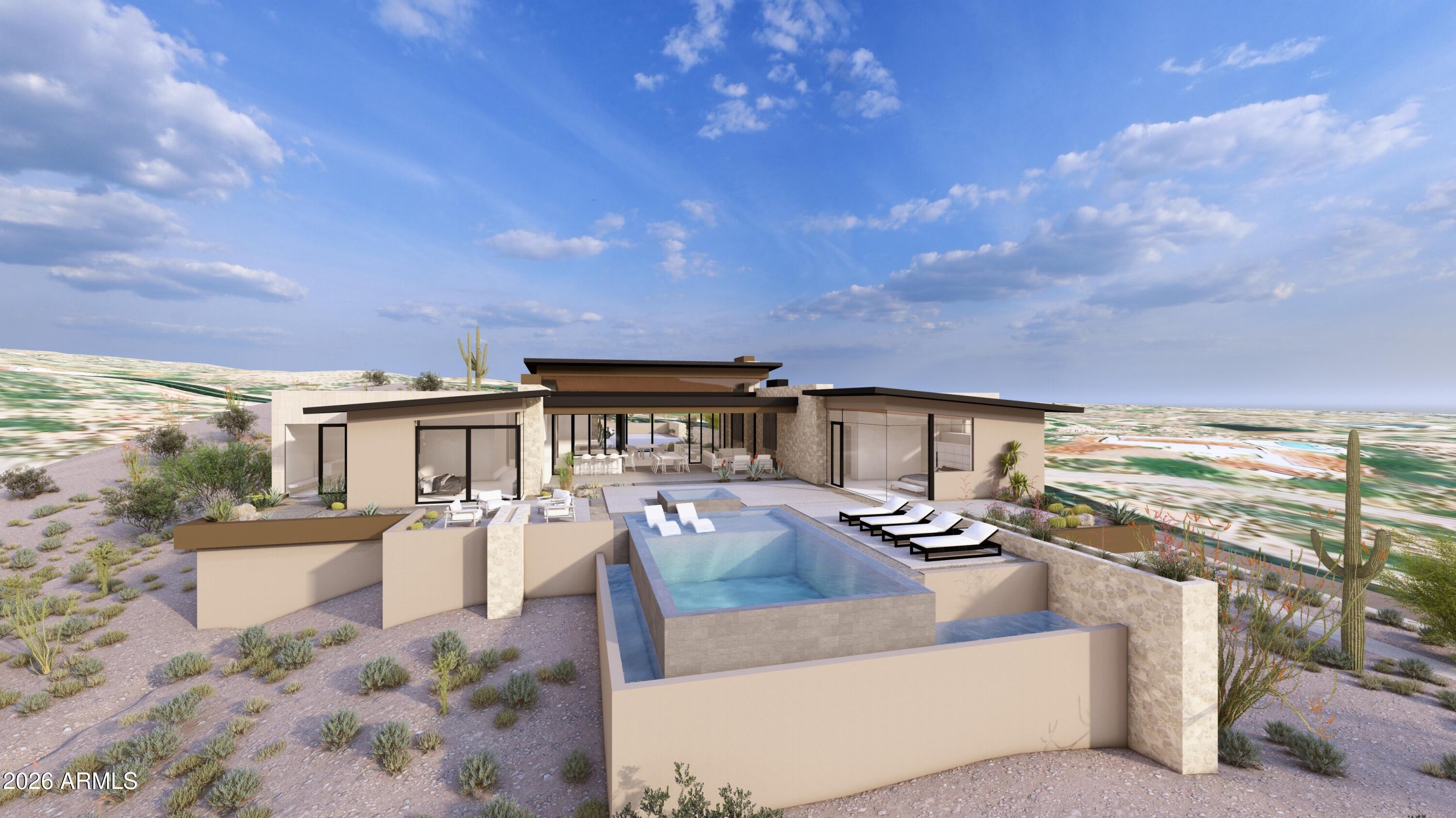 Desert Mountain Dream Home! This Mark Tate design is on one of the last great lots in the Saguaro Forest neighborhood. It features an ideal SW orientation for the expansive outdoor living space. Golf course, mountain, sunset, and city light views. The soft contemporary, desert organic design features five bedrooms, a home office, and a workout center. Every window opening is carefully oriented to maximize this excellent view package. The project enjoys conceptual approval from the Desert Mountain HOA, saving months of preparation for the incoming resident. A generous finish allowance affords custom selections to satisfy the tastes of the most discerning homeowner. The four-car garage offers plenty of room for vehicles and includes a conditioned storage closet. This home is worth the wait!