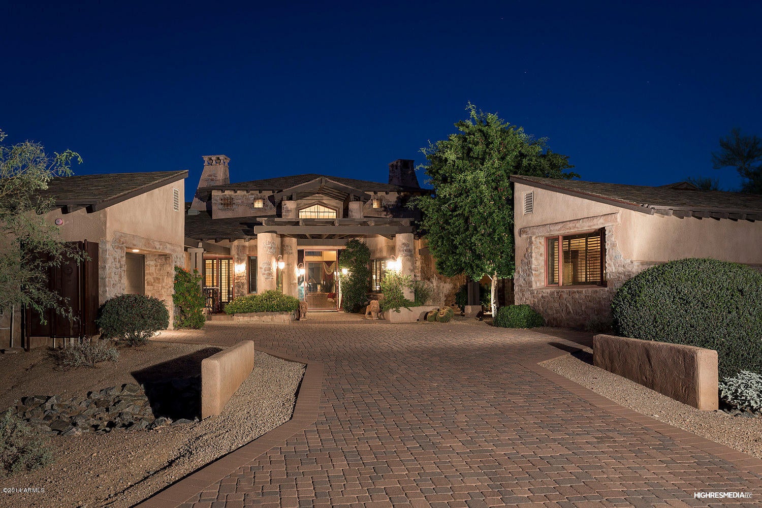 This Tivoli model sits on an interior N/S lot w/ tons of privacy. European design w/ a combination of masonry, stone & slate. Dual master suites w/ large walk-in closets & baths w/ multi-head walk-in showers. Huge great room w/ custom fireplace and canterra stone mantle. Kitchen features knotty alder cabinetry & granite counters w/ full backsplash. Surround sound throughout w/ Crestron home automation system. Plenty of recessed art niches w/ lighting. Solid 8’ paneled interior doors, wood shutters & custom draperies throughout. Backyard features large covered patio w/ fountain and outdoor fireplace. Large guest casita w/ separate entrance. All this is just a short walk to the clubhouse. Membership to Estancia Club is available subject to board approval but not included in list price.