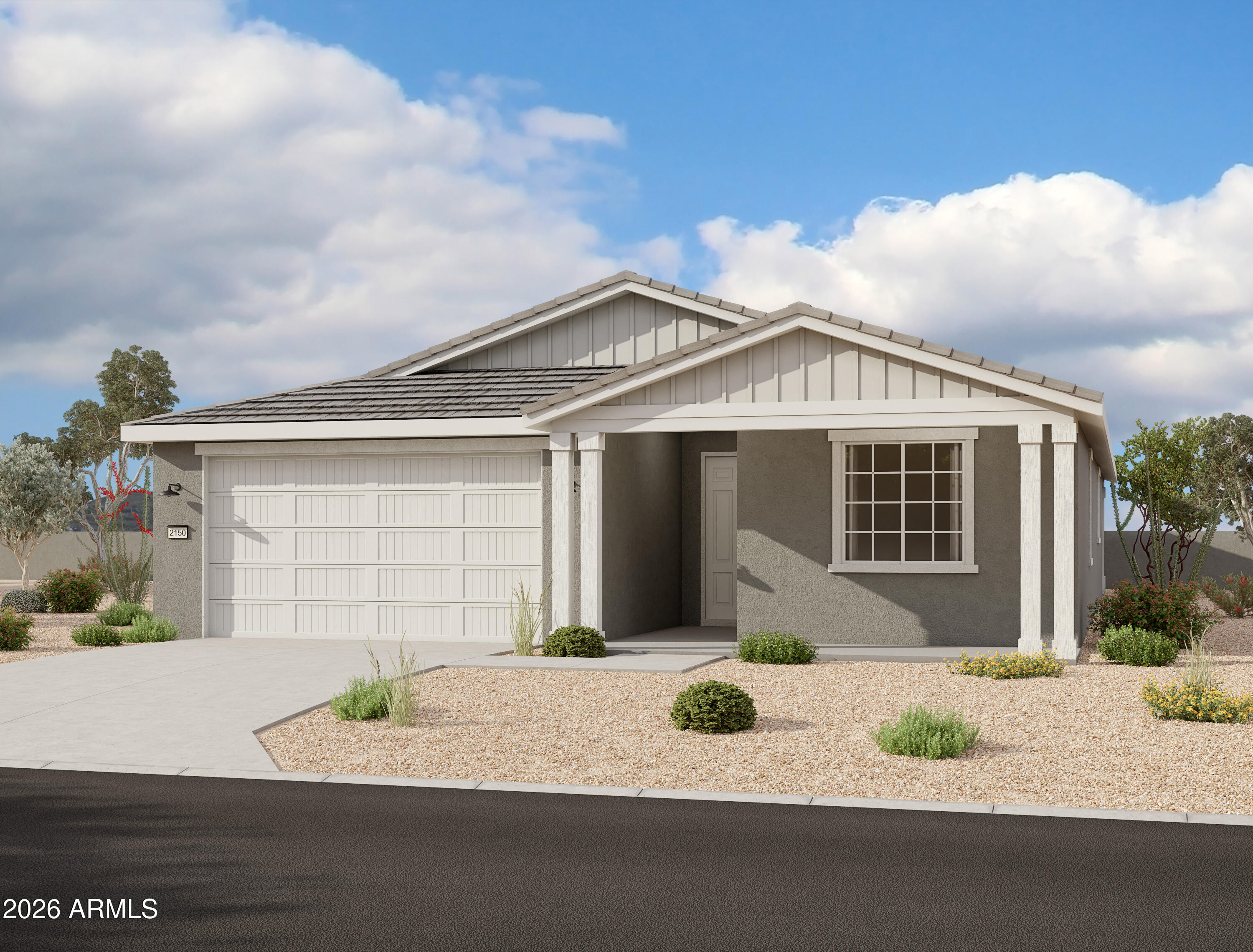 Welcome to the beautifully designed Sage Floorplan! This thoughtfully crafted home features 4 bedrooms, 3 bathrooms, and a versatile den, offering flexible space for work, guests, or everyday living. With 2,150 sq ft of well-planned living space and a 3-car tandem garage, this home delivers the perfect balance of comfort, function, and style.

The farmhouse-style exterior creates warm and inviting curb appeal, enhanced by its desirable corner lot location. Inside, you're welcomed by soaring 9-foot ceilings and 8-foot doors that enhance the home's open and airy feel. The expansive great room serves as the heart of the home, featuring a 4-panel center sliding glass door that opens to the backyard, seamlessly blending indoor and outdoor living. The open-concept layout connects the kitchen, dining, and living areas, making it ideal for both entertaining and everyday life.

The kitchen showcases a fresh, modern design with white 42-inch shaker-style cabinets paired with sleek chrome hardware. A stylish blue backsplash adds a bold, eye-catching focal point, complemented by quartz countertops and a spacious island that brings the space together beautifully.

Durable 8" x 36" wood plank tile flooring runs throughout the main living areas, offering a clean, cohesive look with long-lasting performance, while plush carpet adds comfort in the bedrooms and den. The private primary suite provides a relaxing retreat with dual sinks, quartz countertops, chrome fixtures, and ample storage.

The additional bathrooms continue the cohesive design with matching quartz surfaces and chrome finishes, maintaining a clean and polished aesthetic throughout the home.

Combining farmhouse charm, modern finishes, and a highly functional layout, this Sage Floorplan is perfect for those seeking style, space, and everyday convenience on a desirable corner lot.