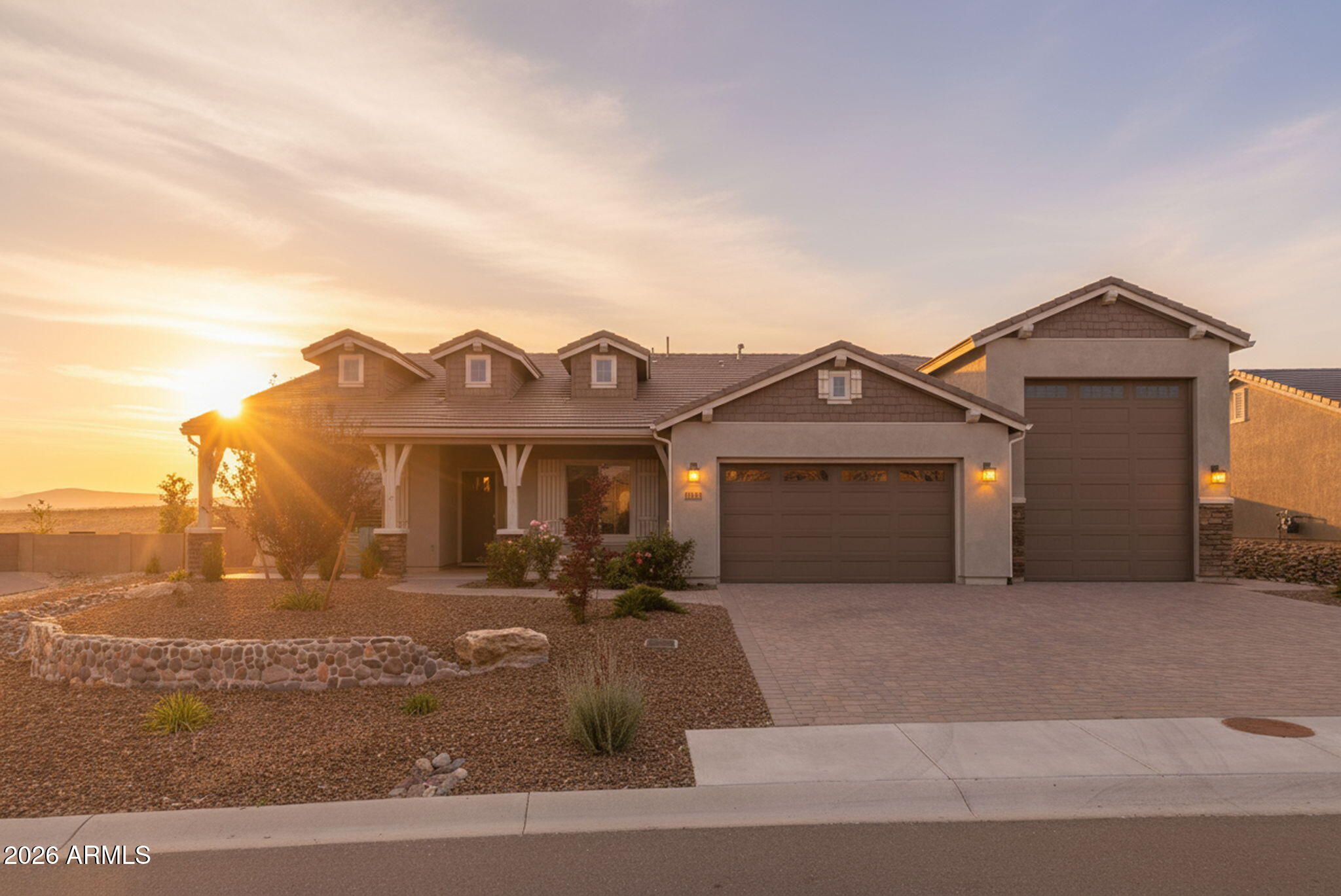 Rare RV garage + luxury living in this upgraded single-level Prescott home! Features 3 beds, 3 baths & dedicated office, plus an attached 50-ft RV garage & 3-car tandem garage--perfect for toys, storage, or workshop. Privately situated with no neighbors behind or visible neighbors on either side, enjoy sweeping mountain views & peaceful seclusion. Open-concept layout with granite counters, oversized island, huge pantry, gas cooktop & high-end built-in oven/microwave. Great room with stone gas fireplace & vaulted ceilings. Spacious primary suite with oversized walk-in shower, soaking tub & direct laundry access. Backyard offers a firepit, raised garden beds, greenhouse & stunning views. Granite Dells Estates premium amenities include clubhouse & pool.  Luxury Prescott living awaits!