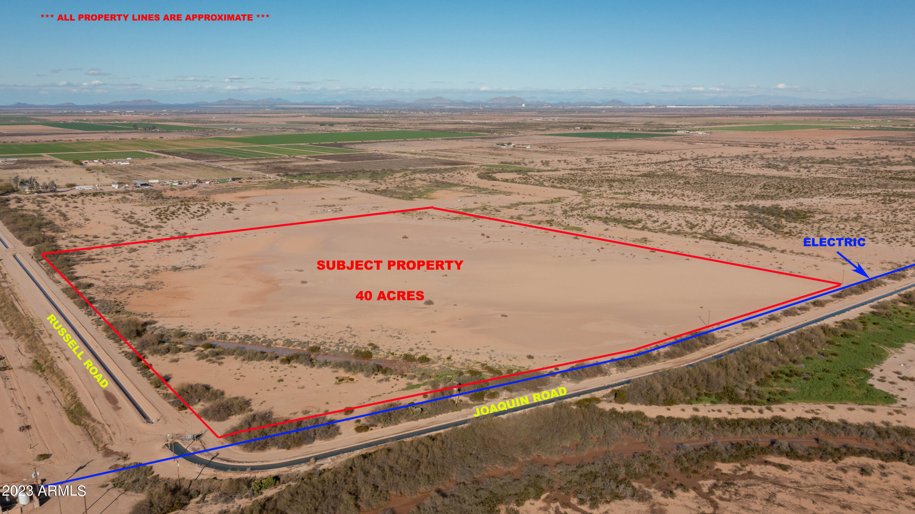 With Tractor Supply, Kohler, CCP Group, Lucid Motors plant doubling in size, Attessa Motorsports Park underway, the town of Casa Grande is expecting 20,000+ NEW JOBS! That's the town's population growing by ⅓ it's current population. Where will everyone live? ***DON'T MISS YOUR CHANCE TO INVEST AHEAD OF GROWTH****This property is just south of Interstate 8 between Russell Road and Montgomery Road full Diamond Interchange.   Mountain Views! Close to Proposed I-11 Corridor! Just south of Casa Grande - only an hour to Sky Harbor, Phoenix & Tucson!  Russell Road paved from Hwy 84 to Arica Road. Located in a prime farming area. Power adjoining property along Joaquin Road. General Rural zoning. More photos and drone Aerials coming soon! Adjoining 40 Acres to east also ava