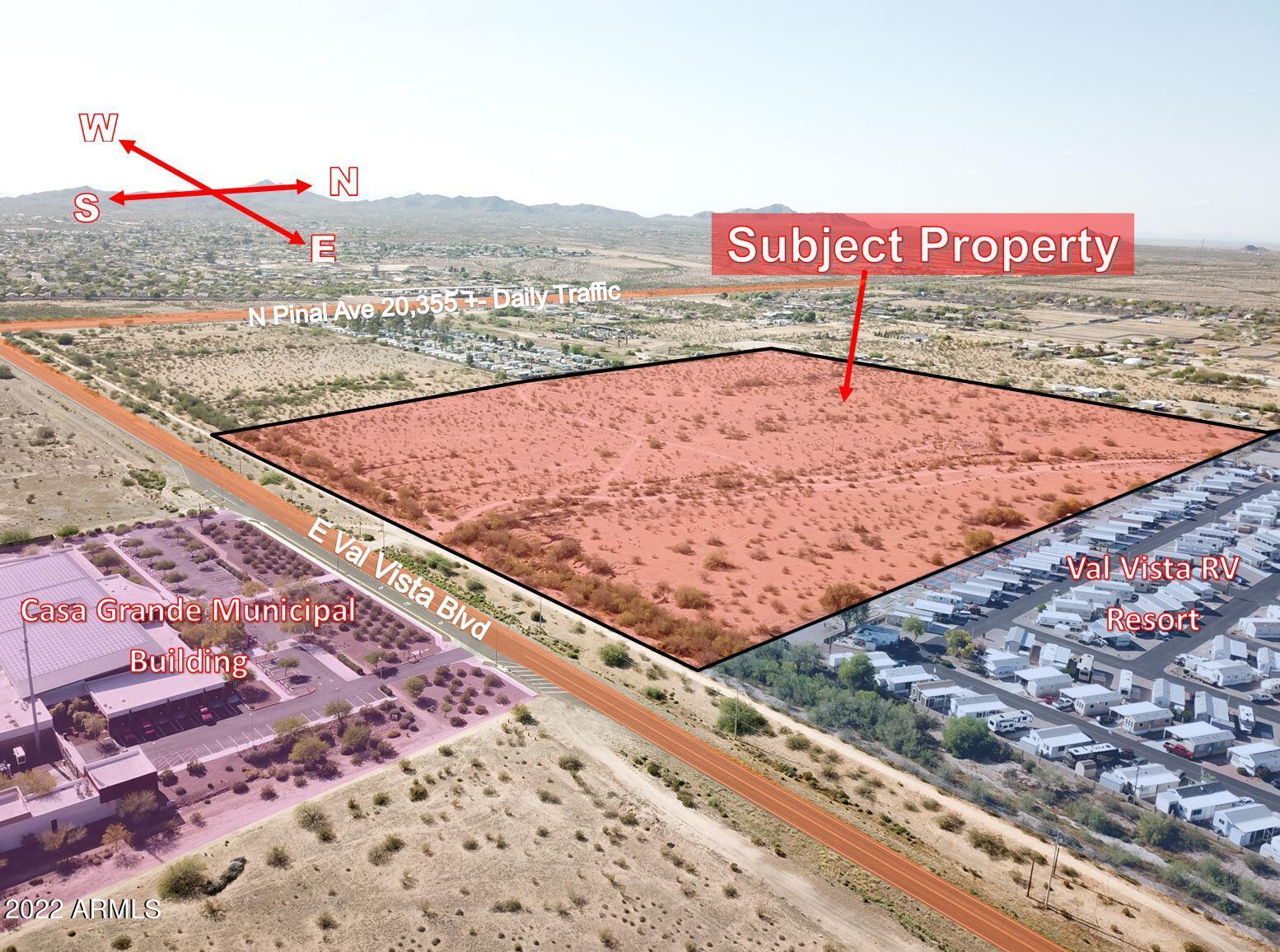 Recently incorporated into the City of Casa Grande and rezoned multi-family parcel approved for up to 25 du/ac. Ideal apartment or condo or rent to own complex. Total parcel is  42.6+- gross. Can be split into 2 - 21+- acre parcels, purchase together or separately. Across from the City Fire and Police complex. Just north of Villago. Close to Casa Grande Municipal Airport. Just east of Pinal/Highway 60 with frontage on Val Vista which is slated to be the most northern north East - West Arterial Road with I-10 interchange. The 20 acres to the west of subject is zoned C-2 PAD and also available for sale.