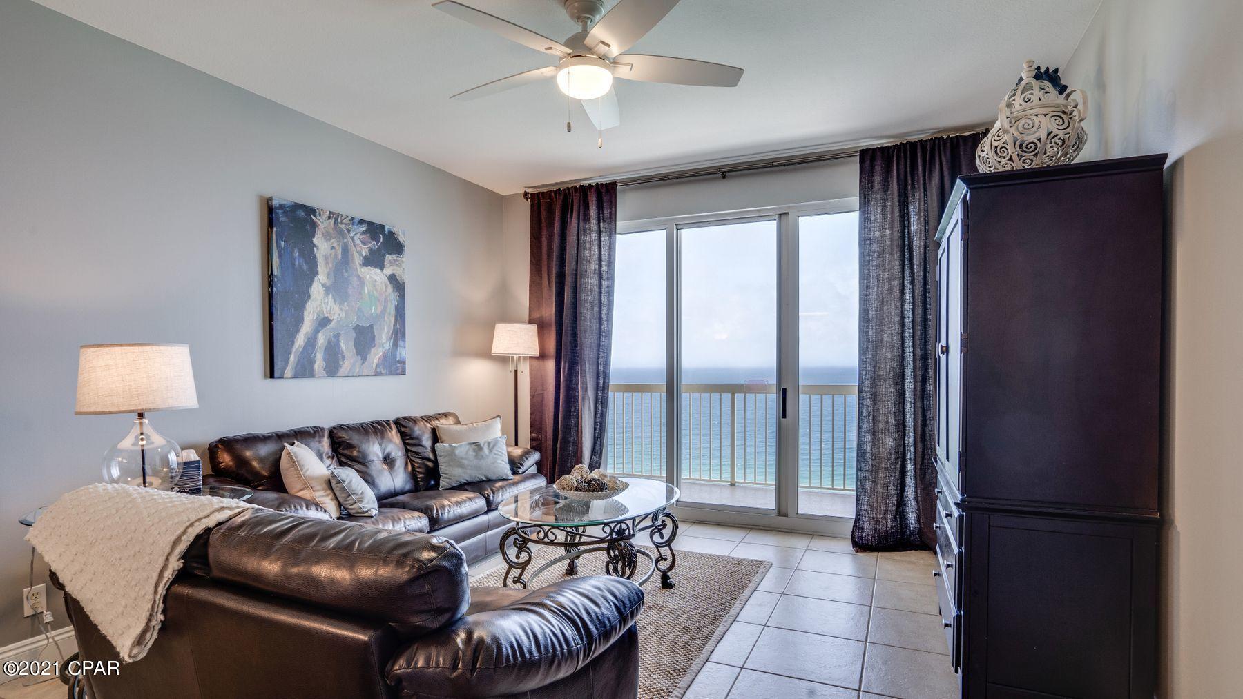 CURRENTLY UNDER CONTRACT, SELLER ACCEPTING BACKUP OFFERS. Newly renovated GULF FRONT Primary floor plan at Calypso! This 2-bedroom plus bunk room unit boasts the most desirable layout at Calypso with a sought-after Gulf front primary suite, a bunk room, a wet bar, and more. Updated with fresh paint, new vinyl plank floors in the bedrooms, new kitchen backsplash, new lighting fixtures and fans, and new furnishings, this unit sells turn-key ready for immediate personal enjoyment or to capitalize on the summer rental season right away. Perfectly located walking distance to Pier Park - the area's shopping, dining, and entertainment epicenter - and directly beachfront. Owners and guests enjoy resort-style amenities including 2 large Gulf-front swimming pools, and a tiki bar.