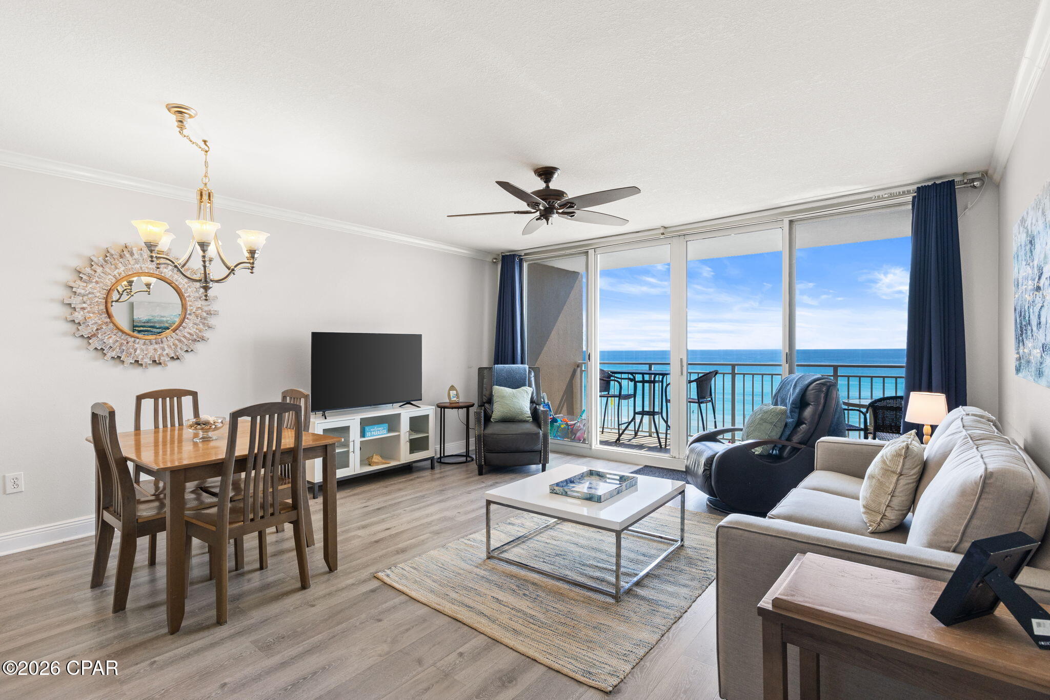 Unit 529 at family friendly Emerald Beach Resort is for sale! This low floor getaway in popular Panama City Beach promises breathtaking beach scenes and sunset views. Step inside to a bright, refreshed interior where crisp white walls, elegant crown molding, and luxury plank flooring through the main living areas create a clean, coastal backdrop. Modern furnishings featuring brand new sofa and thoughtfully chosen beach-inspired décor give the condo an inviting feel, blending comfort with a stylish sense of place. Relax on the private balcony overlooking the Gulf where warm salty breezes invite you to unwind and breathe. A ''just like home'' kitchen with brand new appliances, breakfast bar, and dining area welcomes gatherings. The king bedroom offers a cozy retreat with soft carpet underfoot, making it the perfect spot to unwind after a sun-filled day on the sand. The full bathroom features a shower/tub combo with hall bunk beds right outside so kid friendly. There is even a handy in-room stackable laundry. The condo is safety-equipped with a leak detection system, fire extinguisher, sprinklers, and roving resort security for extra peace of mind. The resort itself is a destination, offering unparalleled amenities. Take a dip in the beachfront pool and hot tub, grab a drink at the tiki bar, or stroll the boardwalk to the sand for time at the water. The unique SkyBar bridges the amenity building and condo tower, serving cocktails while hosting daily events. Enjoy on-site conveniences like Starbucks, Sunsations Beach Shop and the SkyBar Snack Bar serving pizza, burgers, ice cream, and offering a refrigerated section with grab and go items. There is a fitness center and beach yoga is on the resort activities calendar. The kids have their own area with swim and splash pools, snack bar, gaming room, and activities center. Grown-ups can hang out in the shade, grill some hotdogs, or float the day away while the kids play nearby. The resort is a walkable location giving you easy access to a retail center and FunLand Arcade across the street, and must-visit restaurants on either side; Runaway Island and Señor Frog's. Pet lovers will appreciate the nearby Pier Park dog beach. Panama City Beach is a vibrant destination buzzing with new attractions like Top Golf and Dolly Parton's Pirates Voyage Dinner Show. This resort is approved for both short-term rental and VA lending so is designed for the coastal lifestyle you've always imagined! Reach out today for a Cost To Own Estimate to see how much rental income offsets ownership costs.