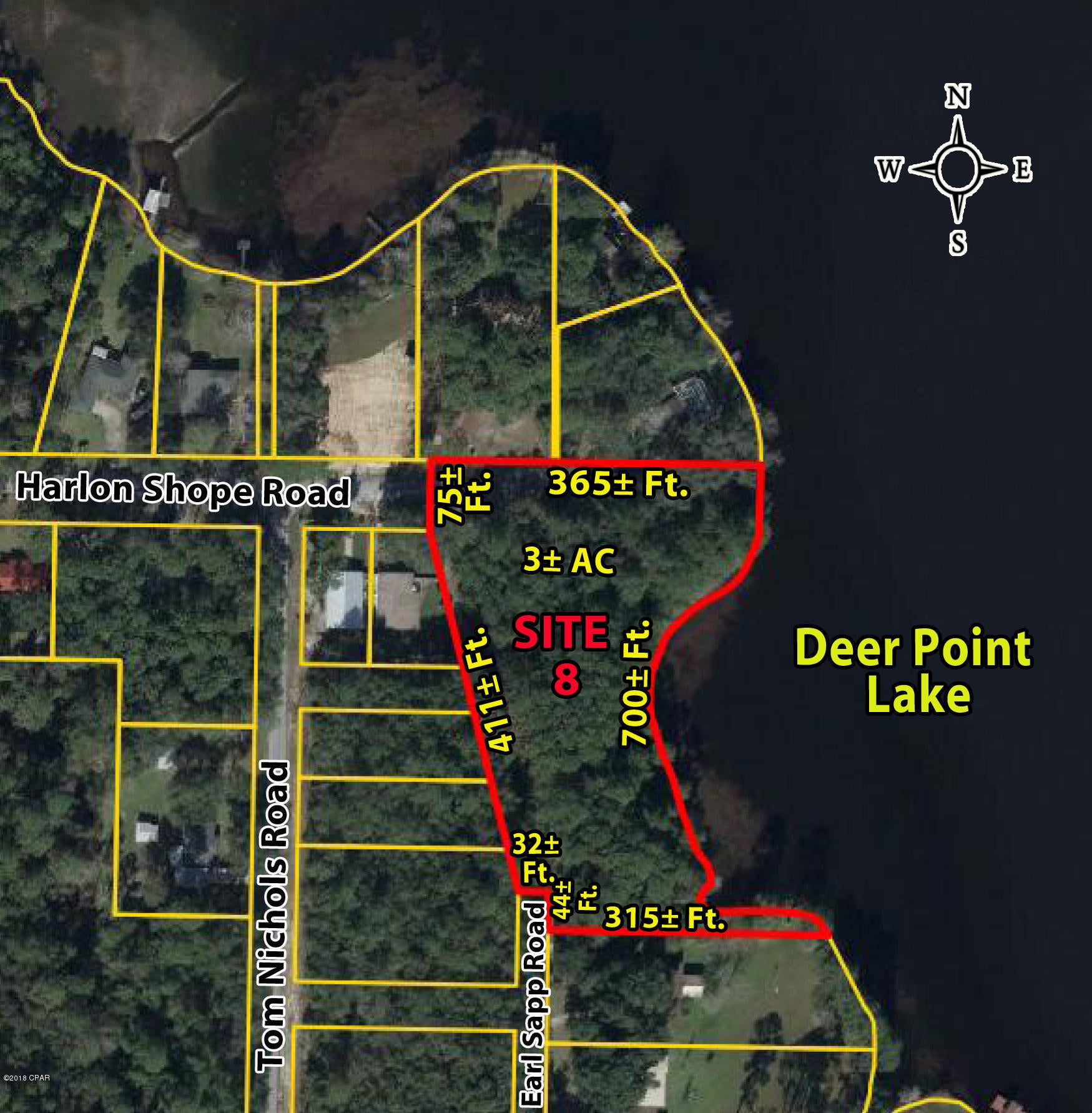 Excellent 3 Acre Residential Waterfront Development Opportunity on Deer Point Lake with access from Harlan Shope Road & Earl Sapp Road.  This site is noted as Site 8 on the property aerial and part of a fragmented parcel consisting of 76.6 acres (Bay County Parcel Number 08671-000-000).  Zoned Agriculture/Timberland (AG-2) in Unincorporated Bay County, rezoning & access to municipal water & sewer would require annexation into the City of Lynn Haven.  Additional vacant waterfront and interior land parcels available from .84 acres to 130 acres along the Highway 2321 corridor in the Deer Point Lake and North Bay area.