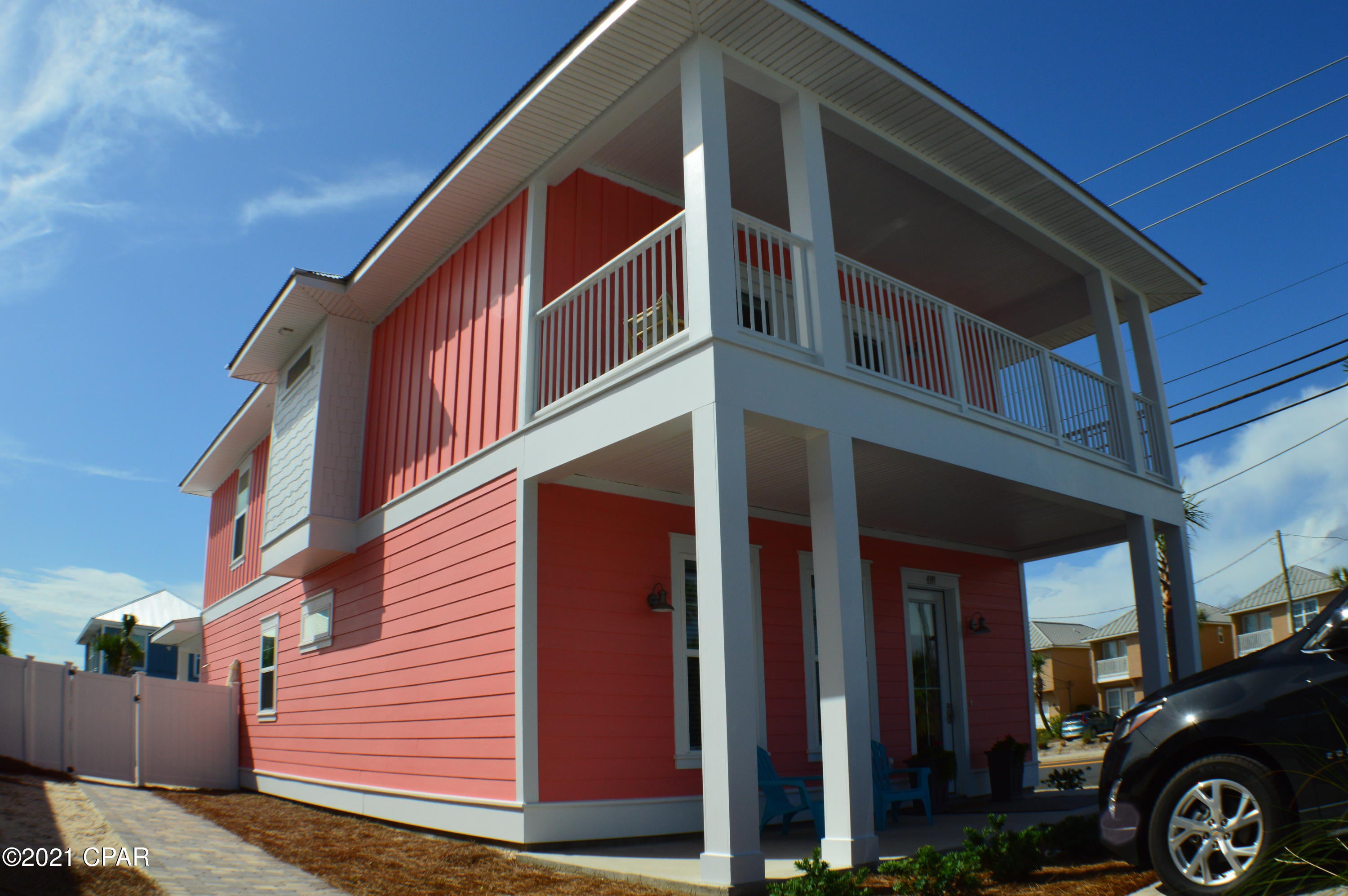 Quality and Luxury Beach Living awaits you in this brand new beach house! Literally, steps to the beach WITHOUT having to cross a busy street. Gulf views!This sleek layout has endless amounts of sleeping space to accommodate multiple families. Home has two master suites, with plenty of space to stretch out.  Another master upstairs with two full bedrooms and two full baths.  Bunk room (with window) has two sets of bunks that sleeps four comfortably. Kitchen and all baths have granite countertops. Kitchen has tons of room with all the latest appliances to entertain or just enjoy a cool drink during sunset by the awesome saltwater pool with huge patio. Note, home is sold fully furnished so truly a turn-key operation. Don't miss this Golden Opportunity!