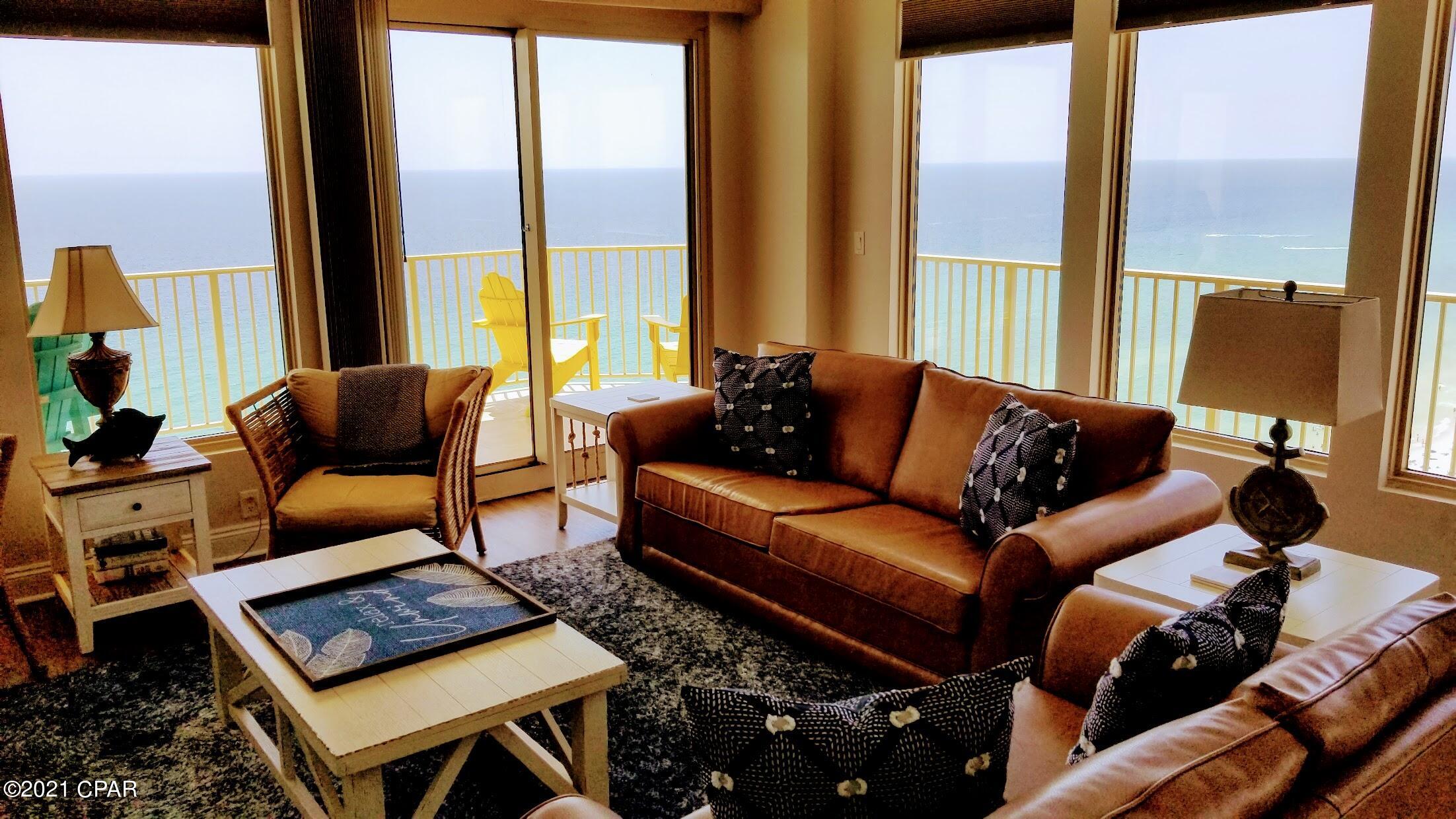 Gulf Crest 2107 has one of the best 3 bedroom  OPEN floor plans on the beach and features a large wrap around balcony.  As you enter this exquisite gulf front unit, your eyes will be greeted with amazing gulf/water views from every room of this large 3 bedroom unit.  The  living/dining/kitchen areas have floor to ceiling windows to capture all the magnificent gulf views and sunsets.  

This luxurious unit has been recently and tastefully renovated and upgraded with all new coastal furnishings, bedding, stainless steel appliances, high end washer/dryer,custom kitchen backsplash, balcony furniture and beach accessories.  Both bathrooms have been upgraded to tiled walk-in showers, granite sink vanities and ship lap finished walls...absolutely gorgeous!! The gulf front master bedroom has a king size bed, balcony access and boasts amazing gulf views.  The large master bathroom is attached and had a double sink vanity, walk-in closet, linen closet and WALK-IN SHOWER.  The east guest bedroom features a king size bed; the west guest bedroom has a queen size bed. Both bedrooms have balcony access.  And the guest bathroom has a new TILED WALK-IN SHOWER.  
Other features of this unit include flat screen TVs in the LR and all bedrooms, stainless steel appliances, granite countertops and breakfast bar seating in the kitchen.
Enjoy the views of the expansive gulf waters and the breathtaking sunsets from your private west-end balcony.  This complex has many amenities including 2 pools, a kiddy pool, 2 hot tubs, poolside Tiki Hut Bar/Restaurant, BBQ grill area, gulf front fitness center, owner's lounge with billiard room and a gated parking garage.
THIS STUNNING UNIT COMES FULLY FURNISHED AND IS TURN KEY READY TO BE AN INCOME PRODUCER,