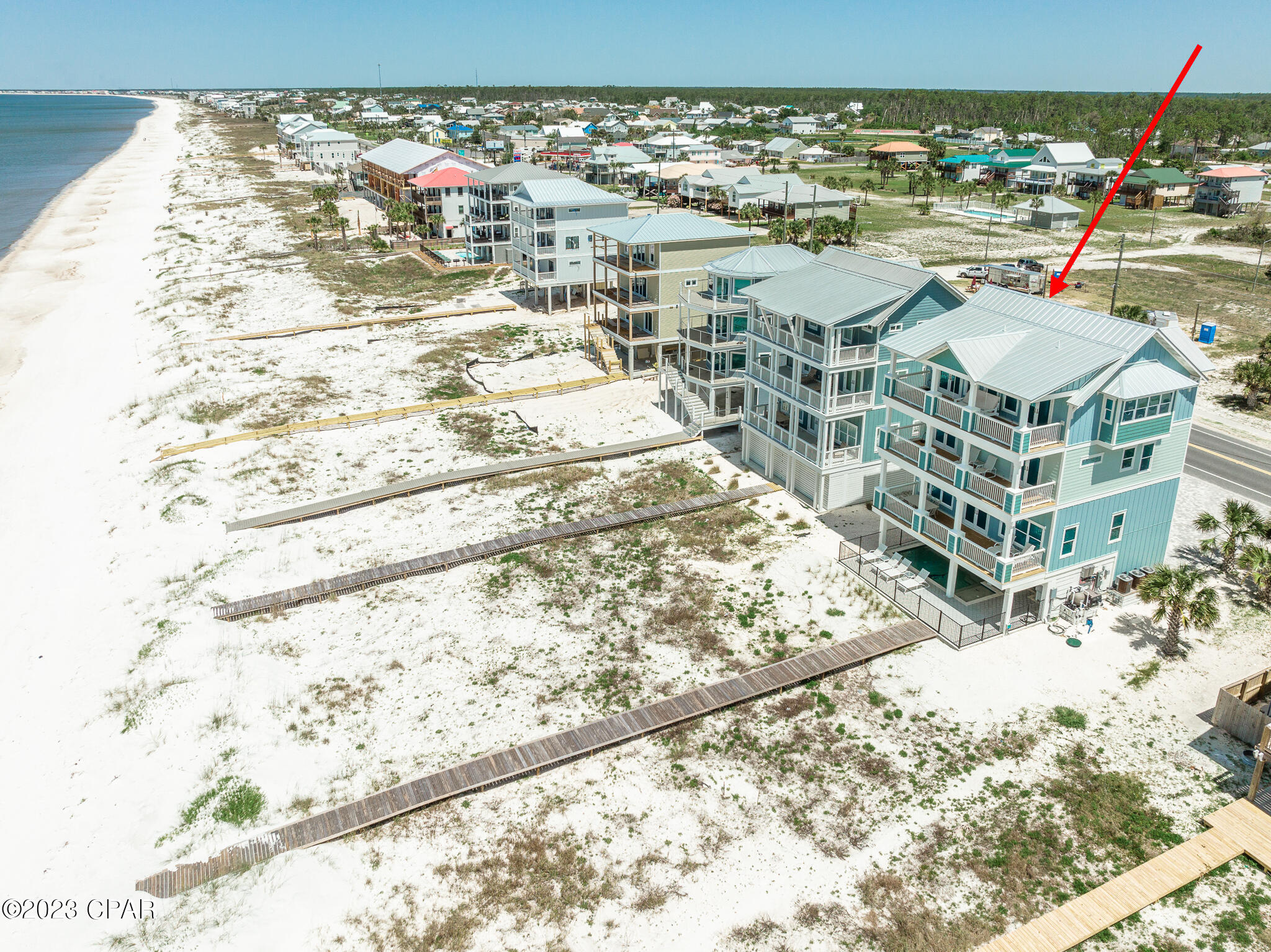 UNDER CONTRACT ~ taking back ups!  This is one of if not the nicest homes from Mexico Beach to St. Joe Beach. The owner of this custom home spared no expense & skipped no attention to detail in this incredible home. There hasn't been a home of this class listed before in this area. Beachfront pool with outdoor bathroom/outdoor shower & oversized boardwalk plus elevator access on floor one. Floor two is a kitchen and living area to die for with unbelievable features & Bluestar appliances, custom lighting, trayed ceilings, wood framed 80' TV, and more. The next floor features 2 large gulf facing suites plus a bunk room w/full bath. Top floor has a full br/ba and then one of the most impressive master bedrooms and huge master baths you'll ever see. The furnishings are also exquisite & the home is sold fully furnished. exquisite & the home is sold fully furnished.  Qualified buyers only for showings. Never rented.