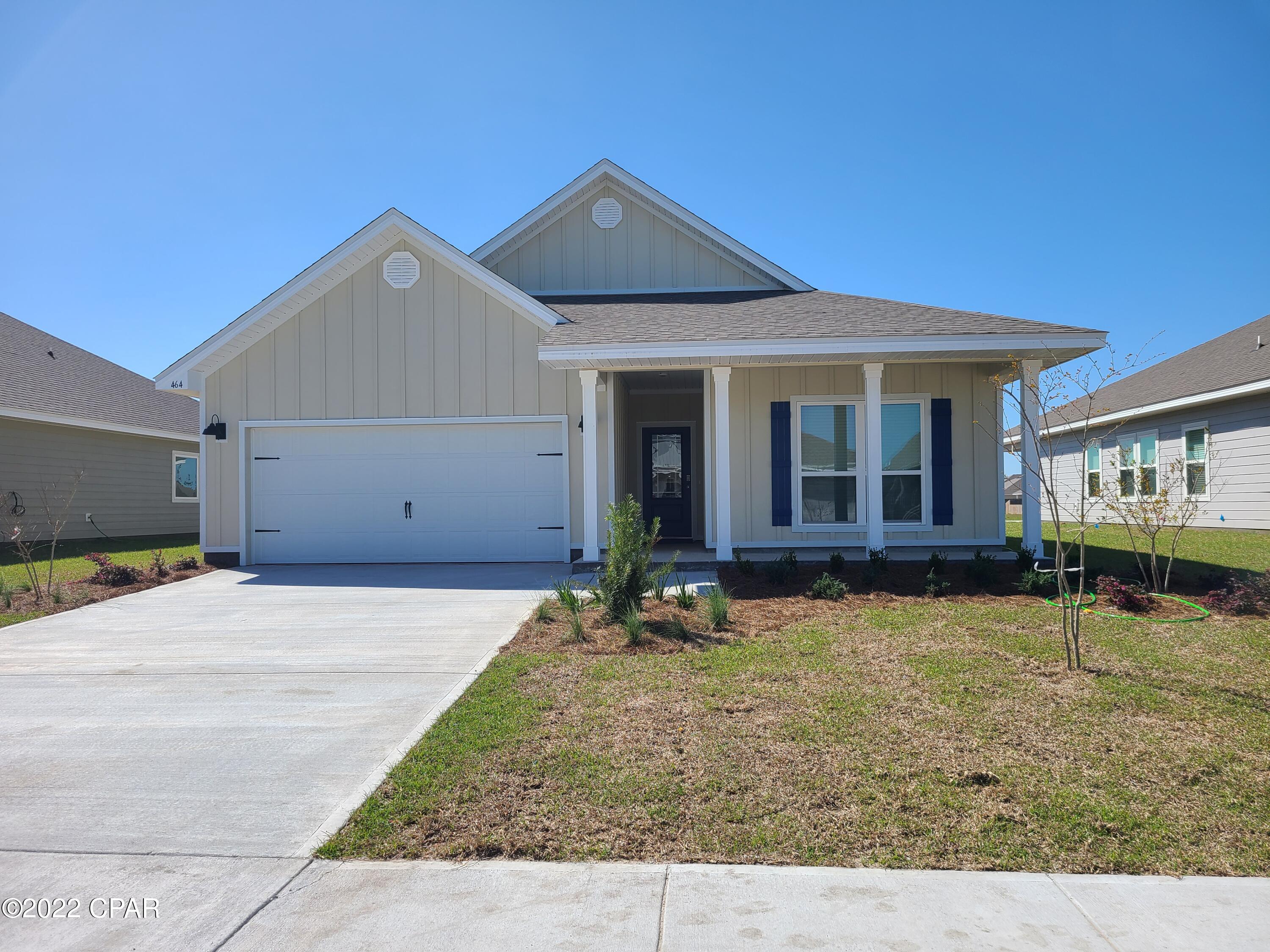 Bridge Harbor is located minutes from Tyndall Air Force base. This is a brand-new pond view home. Never been lived in before. This is a 4-bedroom 2 bath, 2 car garage. The kitchen includes Stove, Refrigerator, Microwave and Dishwasher. Kitchen features a center island with granite countertops and stainless-steel appliances. Large main suite bedroom with a large walk-in shower located in the on-suite bath. Large walk-in closets.  Community resort style pool, access to Est Bay.