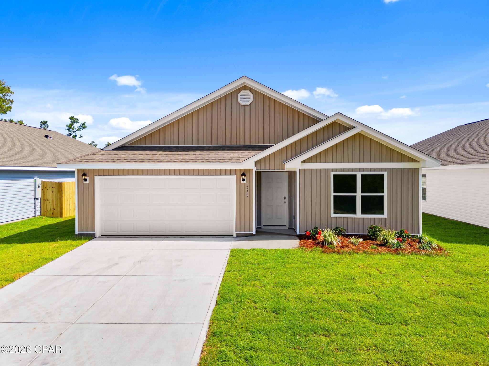 New construction home located in Morningside. This Cali floor plan is located at 7335 Morningside Dr. Situated on an oversized homesite, plenty of space for a pool, deck for cooking out and room for the kids and furry friends. The home is 4 bedrooms, 2 bathrooms with a two-car garage. The exterior of this home features vinyl siding, a sodded yard with a landscaped flowerbed along the front entry. 

In the kitchen and bathrooms, you will see the beautiful granite countertops and white cabinetry that has brushed nickel hardware. The primary bathroom has a large closet with ventilated shelving and a dual sink vanity. The kitchen has stainless-steel appliances including a stove, microwave, and dishwasher with center island is open to the large living room and dining area. Three additional rooms are located off the front entry hall as well as a laundry room. 

Morningside is a great choice for military personnel working at Tyndall Air Force base as it is only about a 15-minute drive away. Morningside is located off Highway 231 making it a short drive to shopping, food, schools, and the beautiful beaches of Panama City Beach.