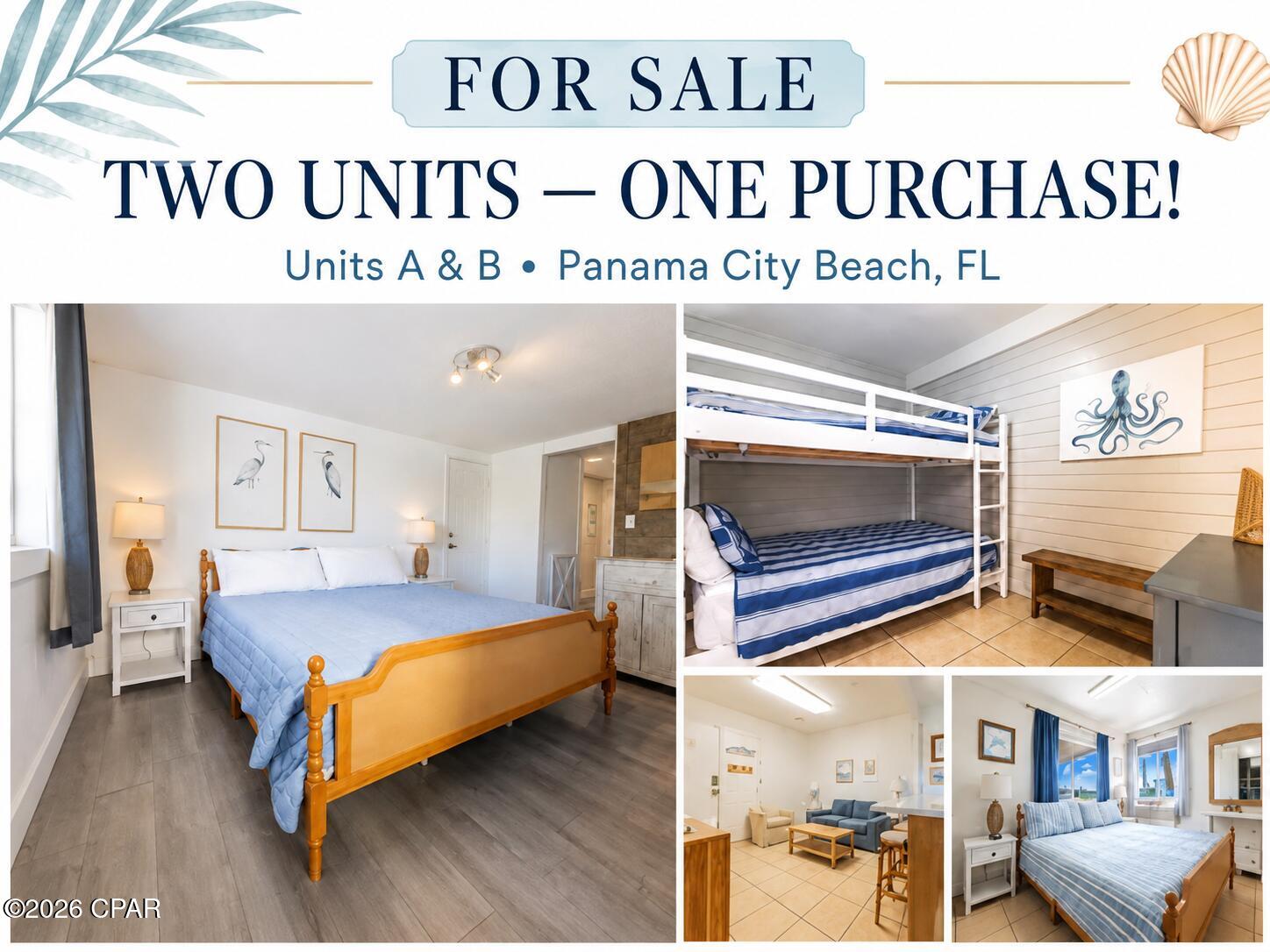 TWO UNITS  - ONE Purchase-A UNIQUE INVESTMENT OPPORTUNITY DIRECTLY ON PANAMA CITY BEACH!

Looking for flexibility, rental potential, and an unbeatable beach location? This unique offering at Ambassador gives you TWO separate living spaces with the ability to use them together or separately. The property includes an updated coastal studio with a full bathroom PLUS a 1-bedroom, 1-bath unit with an additional bunk room. An adjoining door connects the spaces, creating multiple options for owners, guests, or vacation rentals.

Use one and rent the other, rent both separately, or open the adjoining door and enjoy them together! This versatile layout provides possibilities that are hard to find along Panama City Beach.

Inside, you'll find attractive coastal updates including LVP flooring, shiplap accent walls, and stylish barn doors, creating the relaxed beach atmosphere vacationers are looking for.

Ambassador is a low-density, Gulf-front complex, offering owners and guests a more relaxed beach experience without the crowds of a large high-rise. Best of all, you're directly on the beautiful white sands and emerald waters of Panama City Beach.

LOCATION, LOCATION, LOCATION! Enjoy being near Pier Park, Top Golf, Pirates Voyage Dinner & Show, restaurants, shopping, entertainment, and many of Panama City Beach's most popular attractions--a major advantage for vacation-rental guests who want to be close to the action.

Community amenities include a Gulf-front swimming pool, outdoor hot tub, tiki bar, BBQ grills, and onsite pet area.

Another attractive feature is the HOA fee, which covers many essentials for BOTH units, including water, sewer, trash, cable, internet, pest control, and building insurance.

Whether you're searching for an income-producing vacation rental, second home, personal beach getaway, or a combination of all three, this property offers exceptional flexibility in one of Panama City Beach's most desirable locations.

Two units. Multiple rental possibilities. Steps from the Gulf. One incredible opportunity. Schedule your private showing today!