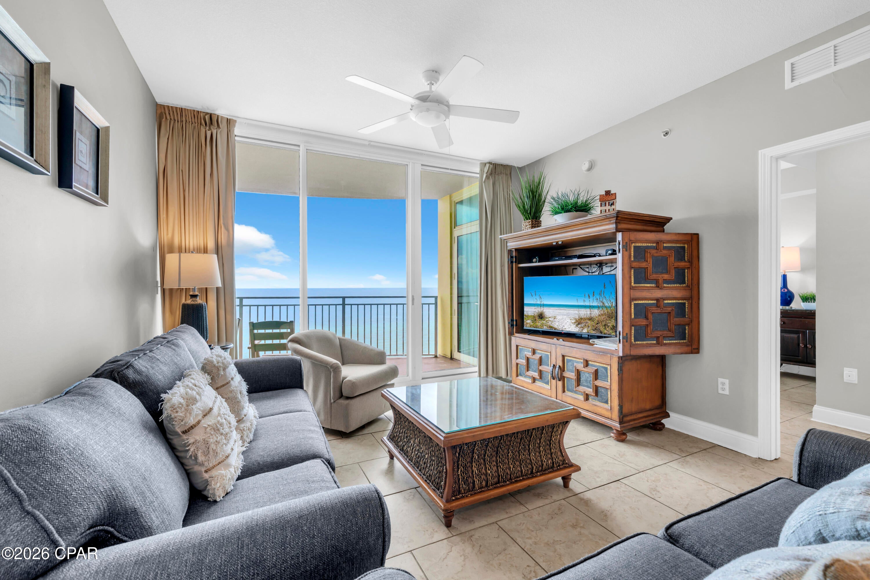 Experience premier Gulf-front living at Aqua Resort, one of Panama City Beach's most sought-after developments. Located on the 10th floor, this beautifully maintained 3-bedroom, 3-bath residence offers a rare and highly desirable floor plan featuring two Gulf-front master suites, each with private bath, stunning Gulf views, and direct access to the expansive bow-shaped balcony. With 1,594 square feet of living space, a spacious Gulf-front living area, and a versatile bonus space currently used as a game room, this residence offers exceptional space and functionality for a second home, vacation getaway, or investment property. One of the property's most impressive features is the large bow-shaped balcony, offering extraordinary panoramic views of the emerald waters and sugar-white beaches. With plenty of room to relax, dine, and entertain outdoors, the balcony provides the perfect setting for morning coffee, afternoon Gulf breezes, and unforgettable sunsets. The interior is meticulously maintained and offered fully furnished, making this a true turnkey opportunity. Both Gulf-front master suites offer private baths and balcony access, with the primary suite featuring a king bed and the second master suite featuring a queen bed. The third bedroom also features a queen bed and convenient access to a full bathroom. The well-appointed kitchen features granite countertops and stainless-steel appliances, while the breakfast nook and in-unit washer and dryer add everyday convenience. Aqua Resort delivers an impressive collection of amenities designed for the ultimate beach lifestyle, including two beachfront pools, a heated indoor pool, hot tub, poolside café, Gulf-front fitness center, steam room, media and social lounge, and direct beach access. A covered parking deck with a convenient walkover provides easy access to the resort. On-site storage rentals are also available. The location is another major advantage. Pier Park and the City Pier are just across Front Beach Rd, placing shopping, dining, entertainment, and some of Panama City Beach's most popular attractions within easy reach. The property has also been successfully utilized as a short-term rental, offering an attractive opportunity for an investor seeking a turnkey Gulf-front property. With two Gulf-front master suites, an expansive bow-shaped balcony, 1,594 square feet, three full baths, extensive resort amenities, and an unbeatable location, this Aqua residence offers a rare opportunity to own a truly exceptional Gulf-front property in Panama City Beach.
