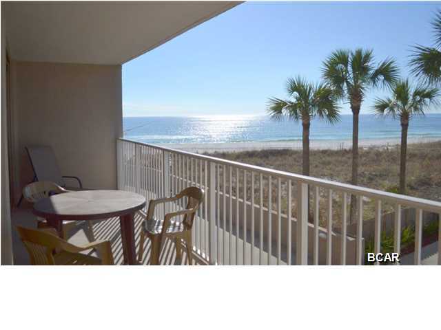 Gulf Front, two bedroom/two bath, fully furnished in Popular ''C'' Building. A 21 Foot balcony along the living area and master bedroom, perfect for watching sunsets and this unit comes with a personal covered parking space, unit has new kitchen cabinets & granite countertops, waterheater and washing machine. The Dunes of Panama resort sits on 1500+ feet of pristine white sand beaches with five condominium towers. The complex offers tennis, basket ball, three pools and is a gated complex. These units have strong rental history. All measures are approximate. If important, please verify.