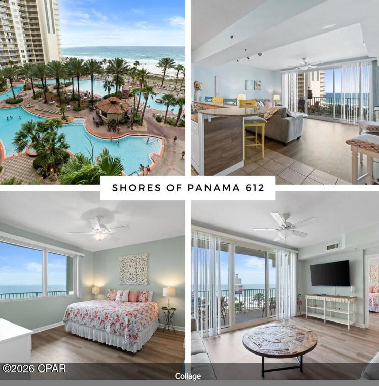 Experience coastal living at its finest in this beautifully appointed 1-bedroom, 2-bathroom condo located on the 6th floor of the highly sought-after Shores of Panama Resort in Panama City Beach. Showcasing breathtaking Gulf views through expansive floor-to-ceiling windows, this stylish residence blends timeless beach décor with comfortable, high-end furnishings for a warm and inviting coastal retreat.

The open-concept living area features a sleeper sofa, flat-screen television, and direct access to a spacious private balcony overlooking the world's most beautiful beaches. The fully equipped kitchen offers everything needed for preparing meals at home, while the generous dining space provides plenty of room to gather with family and friends.

The primary bedroom features a king-sized bed and private bath with a tub/shower combination. A hallway bunk area with twin bunks provides additional sleeping accommodations, and a second full bathroom adds convenience for guests. This thoughtfully designed condo comfortably sleeps up to 6 guests and includes a washer and dryer, high-speed internet, cable, and a reserved parking space conveniently located on the same floor.

Shores of Panama is one of Panama City Beach's most popular Gulf-front resort destinations, known for its impressive amenities and unbeatable location. Perfectly situated at the corner of South Thomas Drive and Front Beach Road, the resort places owners and guests within walking distance of restaurants, shopping, entertainment, and family-friendly attractions.

Resort amenities include private beach access, a stunning lagoon-style Gulf-side pool with fountains, two tiki bars, a spacious pool deck with recreational features, Gulf-side hot tub, heated indoor pool and hot tub, fitness center, covered on-site parking, and complimentary high-speed internet.

Whether you are searching for a personal beach getaway, vacation rental investment, or a turnkey coastal retreat, this Shores of Panama condo offers exceptional views, resort-style amenities, and a prime Panama City Beach location. **Age, dimensions and square footage are approximate. Buyer should verify if important.**
