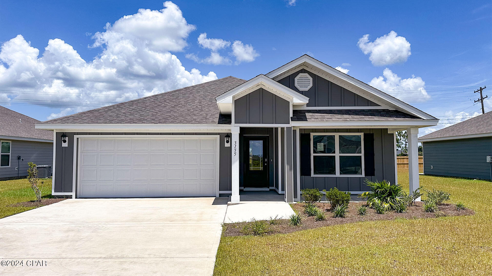 New construction in Hodges Bayou located on a deep lot. As you enter this Cali floorplan you will find traditional 8' ceilings. Engineered Vinyl Plank flooring in all common areas of the home and carpet in bedrooms. Open concept floor plan for entertaining. The kitchen has a center island, a large pantry, white cabinetry with elegant quartz countertops. The kitchen is equipped with Whirlpool appliances including stainless steel smooth top stove, microwave and dishwasher. A standard Smart Home package includes a KwikSet keyless entry, Skybell doorbell, automated front porch lighting, an Echo Dot device, and Qolsys touch panel which can be integrated to control your lighting, thermostat, front door and so much more. A builder 10-year structural warranty is also included. Hodges Bayou is just a short drive to schools, restaurants, beaches, and all that Bay County has to offer. Public boat launch access at Ira Hutchinson Park is just 1.5 miles away. This landing allows for direct access to the North Bay waterway and outward to the Gulf of Mexico. You will also find Lynn Haven Bayou Park just minutes away, with a serene nature board walk, as well launch area for kayaks. Home and community information, association fees (if any), included features, terms, availability and amenities, are subject to change at any time without notice or obligation. Drawings, pictures, photographs, videos, square footages, floor plans, elevations, features, colors and sizes are for illustration purposes only and will vary from the homes as built. Landscaping and furnishings may be decorator items not included in the purchase price and may not be available.
