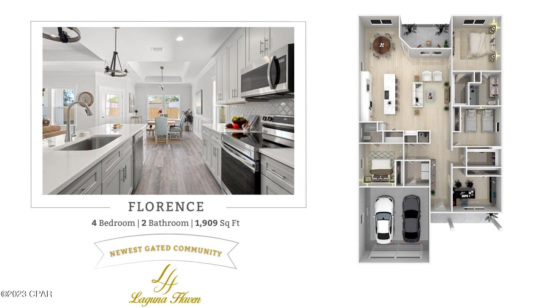 Welcome to Laguna Haven. This new secluded gated community located at the West End of Panama City Beach, north of US-98. This Florence floor plan features 4 bedrooms, 2 full baths and 2 car garage. Step inside the home to find wood-look porcelain tile, soaring ceilings, crown molding, bull-nose corners give those extra touches of elegance, and a designer lighting package. Your kitchen features Samsung (fingerprint-proof) stainless steel appliances, a walk-in pantry, soft-close Shaker cabinets, an under-mount sink, Calacatta Bravos quartz countertops, and Satory mosaic backsplash. Just steps away, you can enjoy the fully landscaped backyard featuring a built-in sprinkler system with a separate irrigation meter. Back inside, the bathrooms include all of the same high-end finishes found throughout the rest of the home, including shaker-style vanities, designer fixtures and porcelain tiles. The master bedroom boasts tray ceilings & recessed LED lights, while the ensuite has double sinks and a custom-tiled walk-in shower with a glass door. Don't forget about all the storage in the laundry room and attached garage! This home comes with a 1-year builder warranty, and the HOA includes exterior & common area landscaping and trash pick-up, as well as community lights, fountain & gate maintenance. Public water and sewer. 
Laguna Haven is close to schools and all the shopping, dining & entertainment options along the Panama City Beach Pkwy and 30A. Another BONUS for you in this community that's LESS THAN ONE MILE from the beach: Short-term rentals are allowed!
