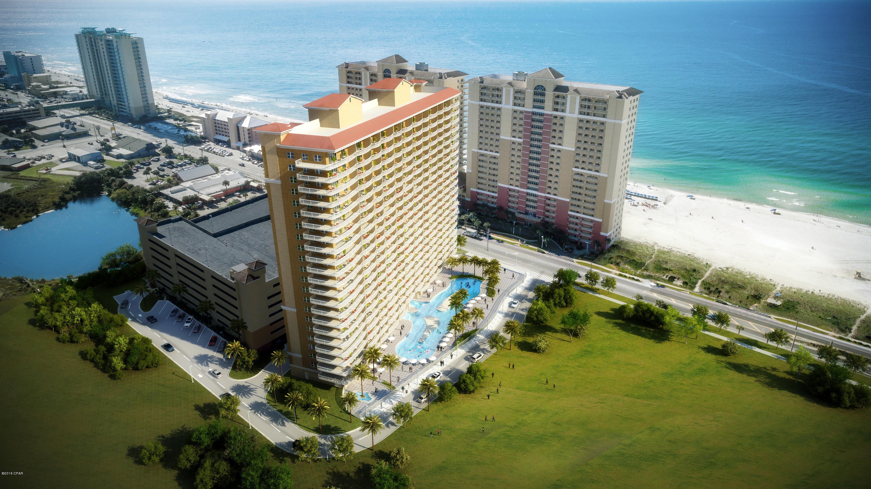 First pre-construction condos in Panama City Beach in 10 years! Adjacent to Pier Park and a quick walk to City Pier. Luxury interiors w/stainless steel appliances, quartz counters, 9 ft. ceilings, 10 ft. wide balconies. Amenities include lagoon-style pool, large fitness center, snack bar and parking garage