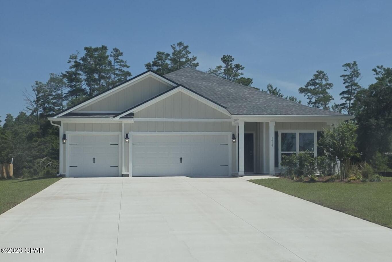 The Madison floorplan is one of our one-story homes we are now offering in our new community down Destini Lane. When you walk into the home, you are greeted by a long hallway that is the center point for bedrooms, the laundry room and garage, and leads to the open living room and kitchen. Beautiful, engineered vinyl plank (EVP) flooring lines the main areas of the house and soft carpet covers the bedrooms. The bedroom closest to the garage also comes with its own bathroom, not shared in the main hallway. The bathrooms have beautiful white quartz countertops and white cabinets that enhance the beauty of this home. Entering the kitchen and living room area, you will notice plenty of natural sunlight illuminating the main area. The living room has 9' tray ceilings that open the room, making your living space feel much more comfortable. The kitchen has stainless steel appliances and comes with beautiful white cabinets. The large island has plenty of storage in it and every surface has elegant white quartz countertops. The dining area is located by the back door leading to the covered rear patio. Walking into the large primary bedroom, you will also see 9' tray ceilings with large windows that wash the room in natural sunlight. The primary bathroom has a spacious double vanity with white quartz countertops and white cabinetry. The walk-in closet is in the bathroom as well, perfect for when you get out of the separate tub or shower with glass doors. Appreciate the convenience of a Smart Home technology package, featuring keyless entry and an intuitive control panel for your thermostat, lighting, and security systems. The exterior of this home features Hardie Color Plus Siding and is uniquely engineered to stand up to the harshest elements from wind, rain, fire, freezing temperatures, and hail. Dimensional shingles with 30-year warranty. A landscaped front flower bed at entry way and fully sodded yard. No HOA and property sits on .805 acres of land, come see why the Madison is a favorite choice among buyers. Schedule an appointment today to see for yourself!