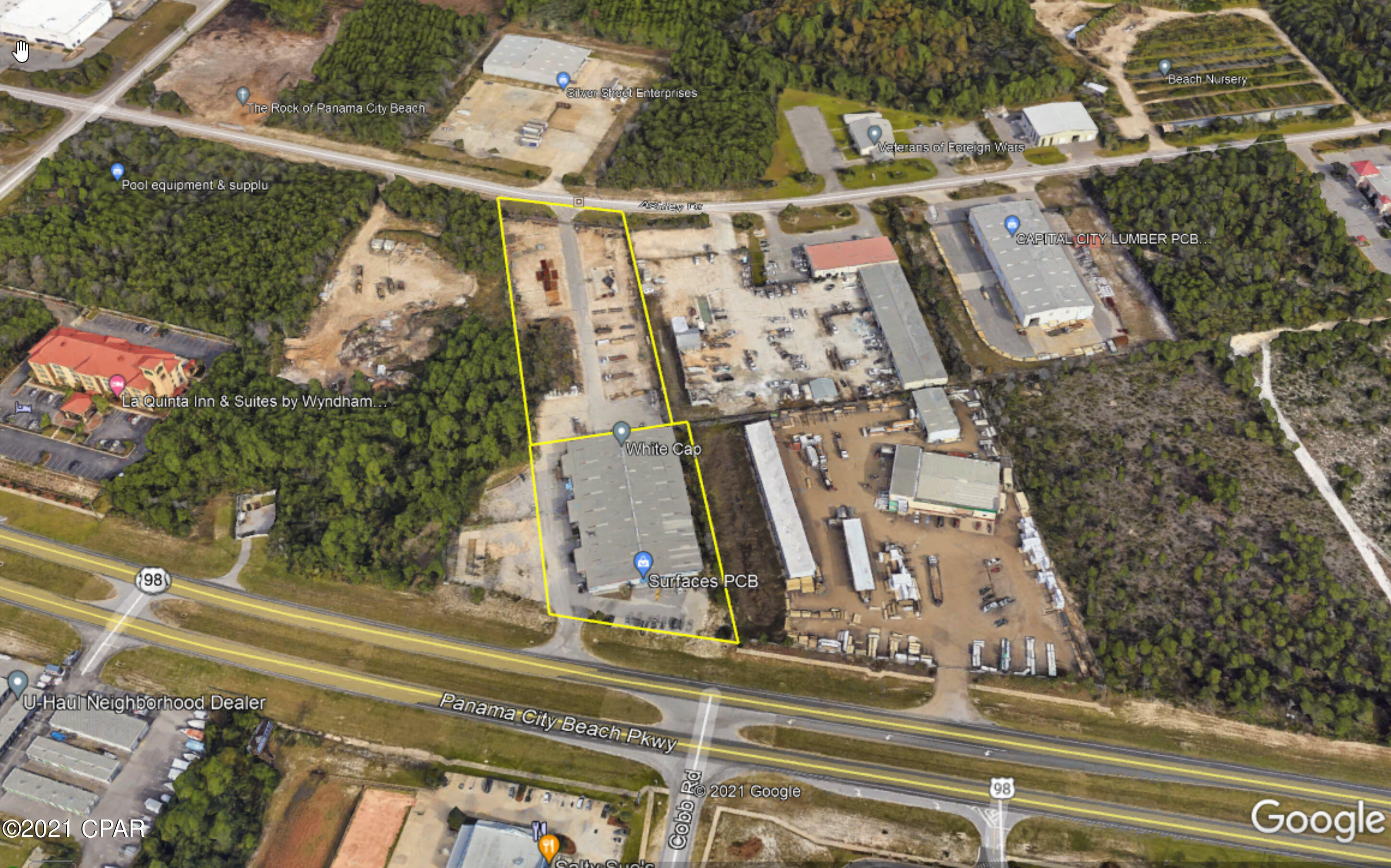 Attention Investors. National tenant anchored 33,000 SQ. FT with a total of 3.5 acres with 225' on the Pkwy.   Property has great exposure and easy access via the Pkwy and a Median cut, plus back access off of Ashley drive within the Beach Commerce Park. The building was built in 1996 and is zoned commercial on the front, and Light Industrial on the back building has 16' eave height, three (3) loading bays with 14' x 16' roll-up doors. In addition, it has a large 20' x 16' with ramp loading door on the Northside. The major tenant White Capps has been at this location since 2004.