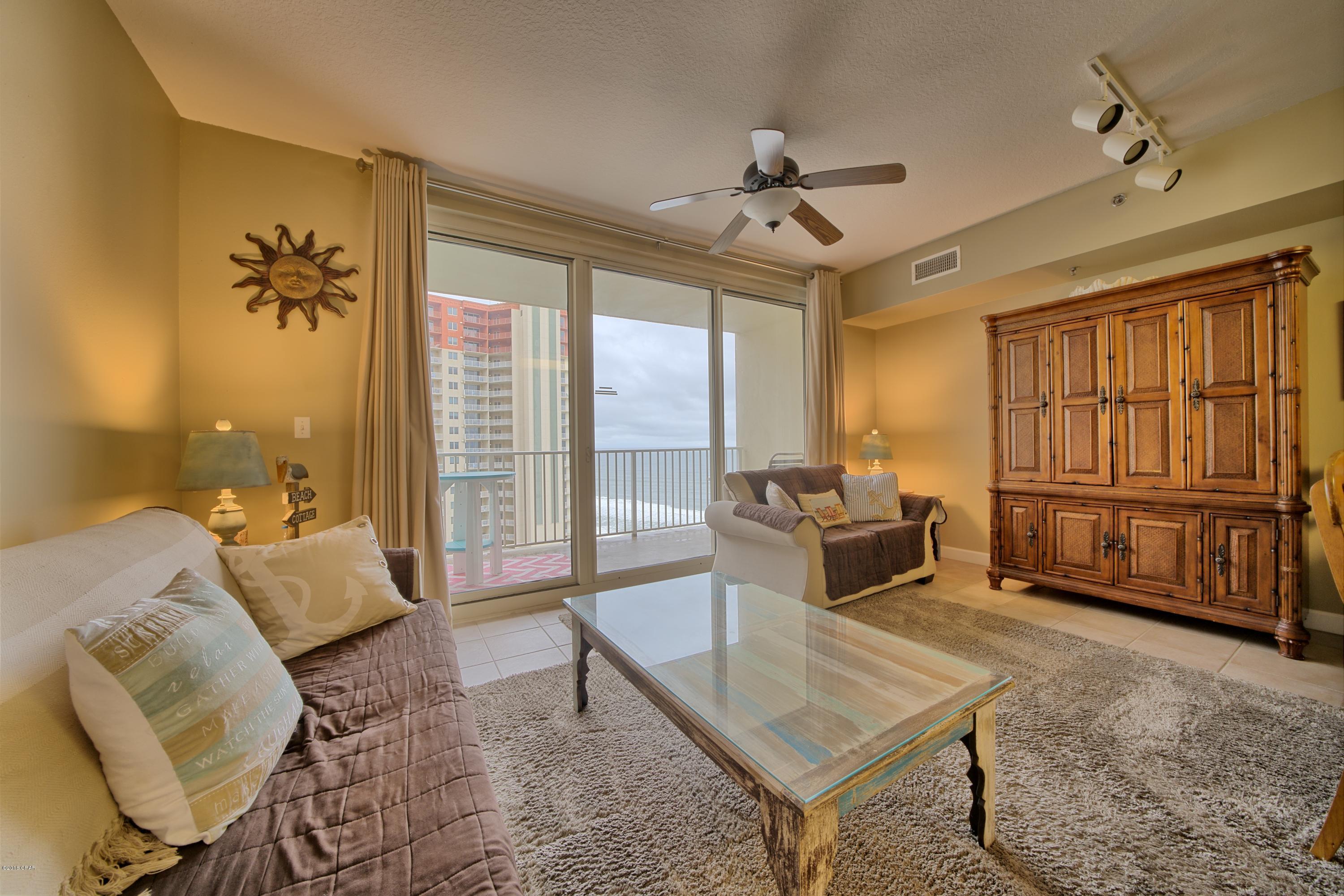 Tastefully done in calming neutral tones this gorgeous one-bedroom, two bath condo boasts stunning, elevated views of the beach and a luxurious finish throughout. Ideally located in the Shores of Panama, enjoy an inviting open layout which perfectly maximizes the views. The beautiful kitchen boasts granite countertops and a great breakfast bar. Sip your morning coffee on the balcony and take in the lovely Gulf breeze. Exquisite master bedroom offers has wonderful ensuite bath. Residents enjoy fantastic resort style amenities which include an indoor pool and gulf side pool with hot tub and two tiki bars, fitness center, covered on site parking, sauna, massage therapy and steam room, as well as beach activities and rental services.