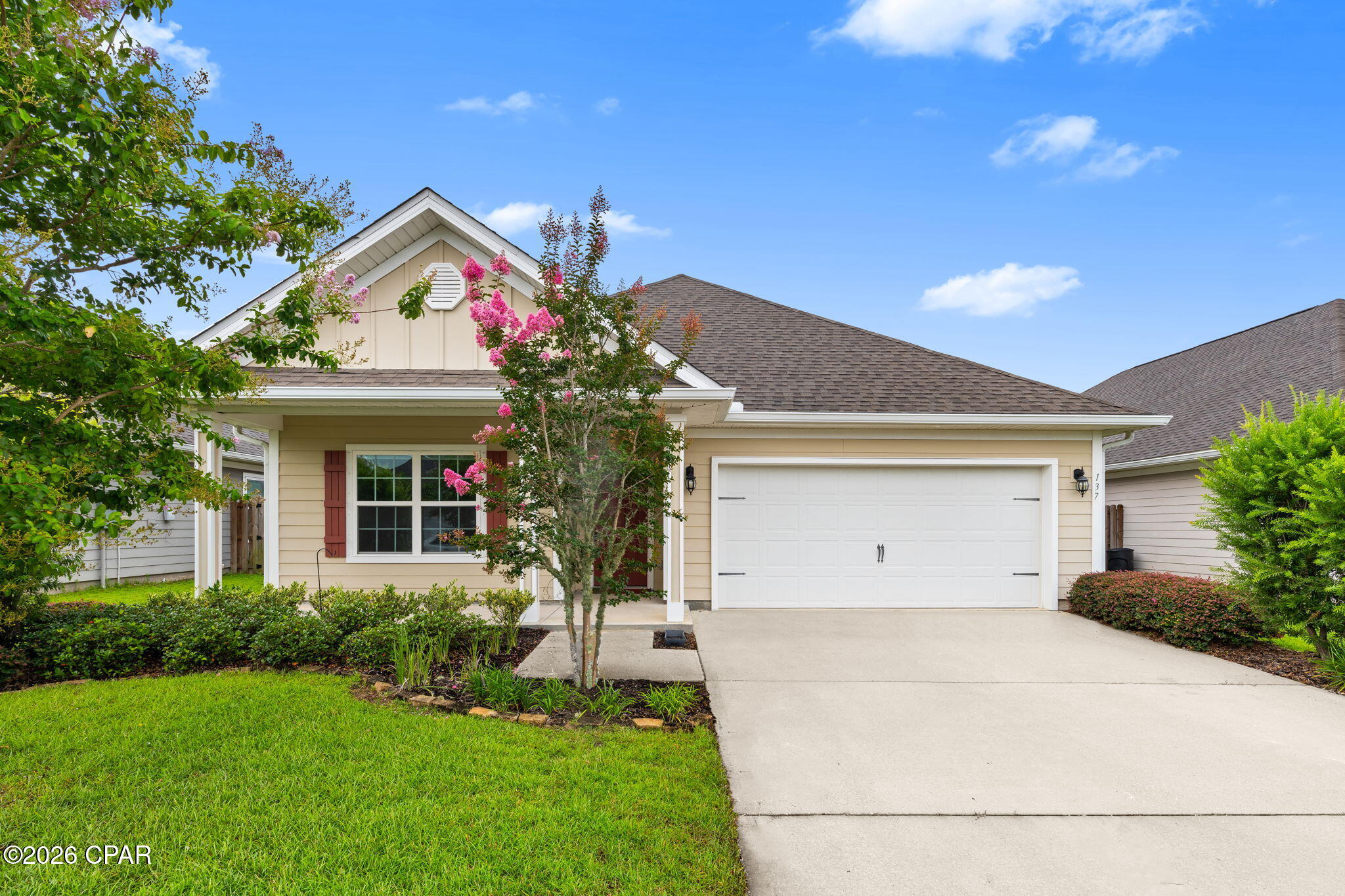 Gorgeous 4 BR, 2 BA home (Rhett floor plan) in the Villages of Mill Bayou, a waterfront community featuring a resort-style pool and community bathrooms. Located directly behind North Bay Haven Charter Academy, this home offers an inviting open floor plan with a beautiful kitchen and large island bar, perfect for entertaining. The kitchen includes granite countertops, a walk-in pantry, excellent cabinet storage, and additional storage beneath the breakfast bar. 

The living room offers a double tray ceiling and views of the fenced backyard. The spacious primary suite also features a tray ceiling and ensuite bath with an updated custom tile shower, soaking tub, double vanities, and a large walk-in closet.

A split bedroom layout provides three additional bedrooms and a full bath at the front of the home. Additional features include an interior laundry room, two car garage, hurricane shutters, and a privacy fenced backyard with maturing trees for added privacy. Call today for a private tour! *All information and measurements deemed accurate, please verify if important.