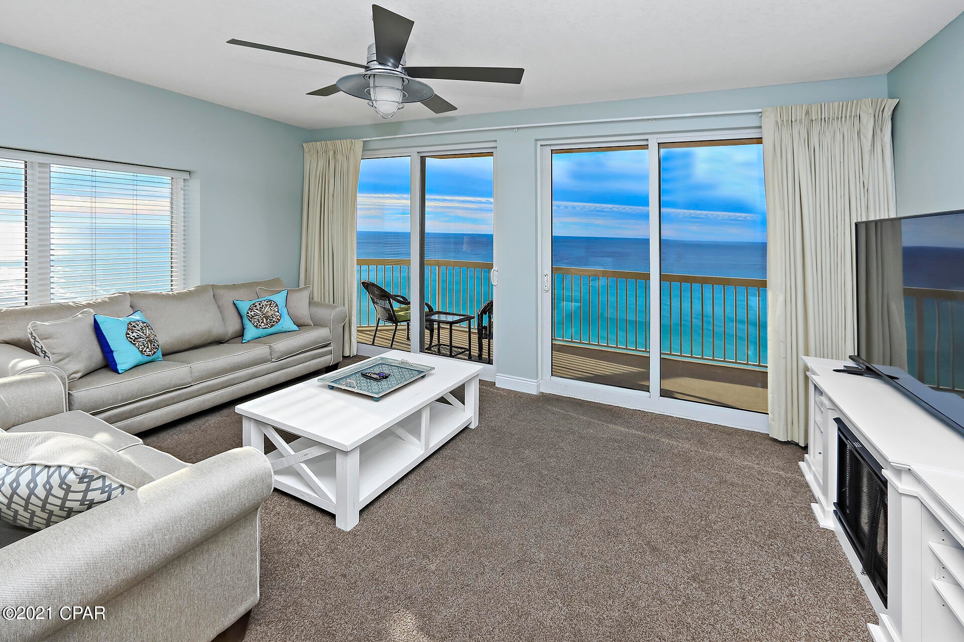 Rare 3BR/3BA END UNIT at Calypso is offered fully furnished. This condo was recently remodeled. Offering spectacular views from the 3rd floor.  For buyers looking for the premium location adjacent to Pier Park, look no further. Own at Calypso and enjoy the fantastic pools, tiki bar, gym, community room and proximity to Pier Park.