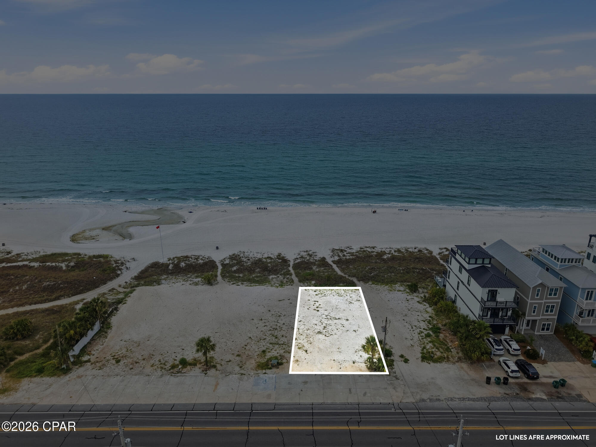 Looking for land to build that new beach house, on the most desirable West End of Panama City Beach, you just found it. Pick and choice which one or buy two for more privacy or all four lots.  Each lot is shovel ready with plans for a 9-bedroom, 6500 Sq. Ft. home and also with DEP permit in hand. Construction can be under way in 30 days or less rather than a year waiting on permits.   This property was the old Pineapple Hotel, and it was torn down and replotted for 4 new Gulf Front Lots.  Each Lot is approximately 230' deep and 60' wide, and the seller will provide a platted and approved 4-story house plans and as well DEP permit to build. Look at document section for the plat, survey and building plans. Bids for construction area available from current builder.