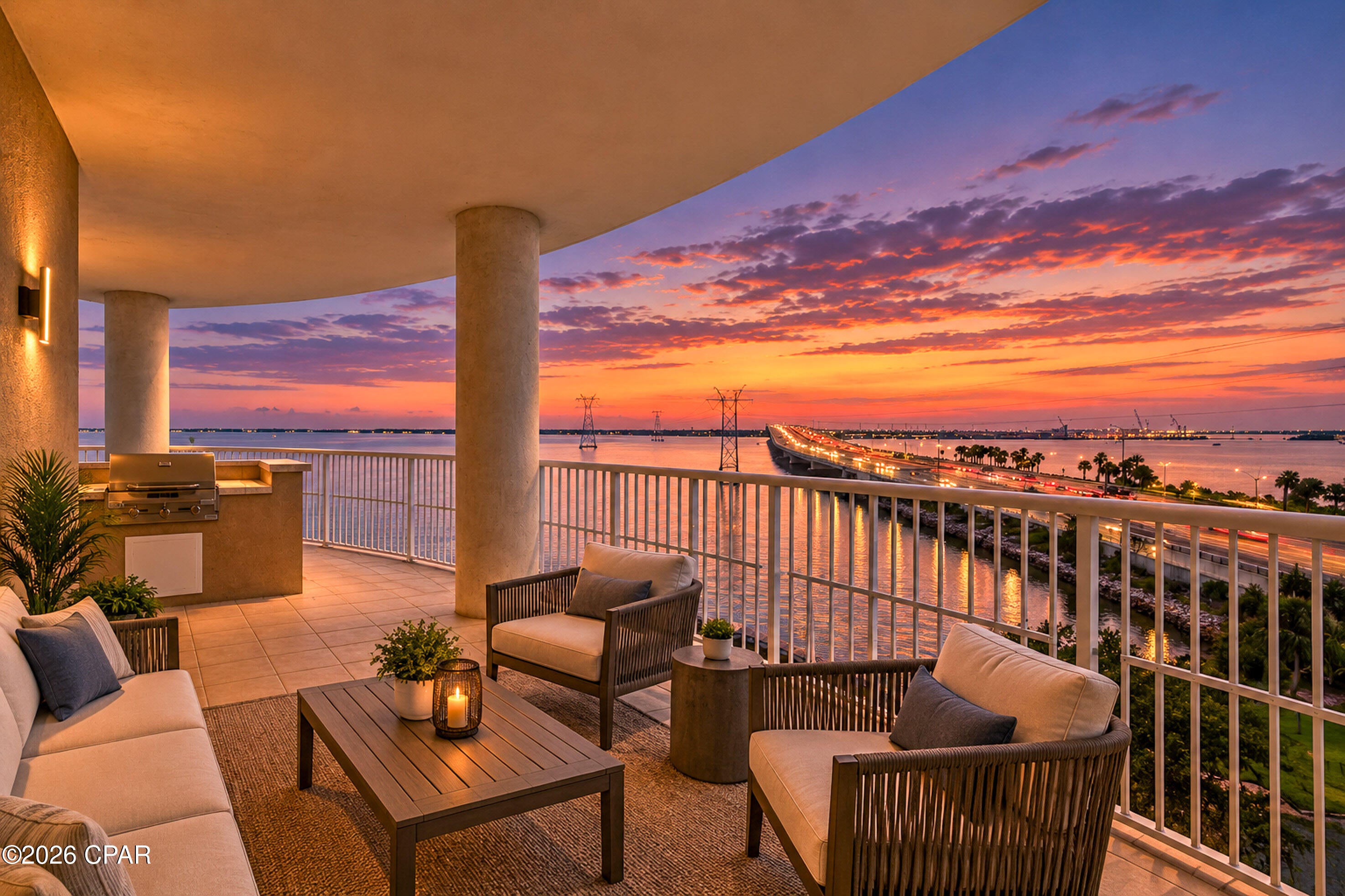 Experience elevated waterfront living at Marina Landing on St. Andrew's Bay. This luxurious, professionally staged end-unit condo offers 3 bedrooms and 3 full baths and has been completely renovated with exceptional attention to detail throughout.
Designed for both everyday comfort and entertaining, the residence features a grand, expansive balcony with a summer kitchen--the perfect place to enjoy bay breezes, morning coffee, sunset dining, and waterfront views. Every detail has been thoughtfully selected to create a refined, move-in-ready coastal retreat. All new appliances and fixtures, kitchen backsplash, paint, flooring, window, and new balcony grill.
Marina Landing residents enjoy exceptional amenities, including a waterfront fishing dock, pool, fitness room, conference room, fenced dog area, and convenient access to a nearby boating marina. 
The HOA covers water, sewer, trash, and exterior maintenance, offering a low-maintenance lifestyle. Owner pets are permitted. Please note that short-term rentals are not allowed, helping preserve the community's residential atmosphere. The pool area has a covered space with bar area that can be used by owners for hosting as well.
The unit has one storage unit located outside of the condo unit, and nearby is the trash chute. One assigned parking space in the parking garage is included with the sale.

No assessments are known to come up, recent outside stucco work has been completed. All information and measurements within listing to be verified by buyer.