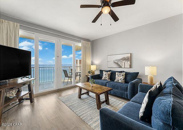 Beautiful views of the Emerald Coast await you from this 3-bedroom, 2-bath condo! Master Bedroom features a king-size bed, private access to the oversized balcony, and large en-suite bathroom complete with a soaking tub, separate walk-in shower, and double vanities. Second bedroom offers a queen bed, and separate bunk room includes twin size bunk beds. Nicely sized kitchen featuring upgraded stainless steel appliances, and functional island. Offering a complete vacation experience where you never have to leave the property, this resort features diverse dining options--ranging from a seafood buffet and tacos to a dedicated brunch spot--alongside premium entertainment at the on-site 810 Billiards & Bowling, which boasts bowling lanes, simulators, axe throwing, and an arcade. Guests can unwind across five spectacular pools, a gulf-view fitness center, a full-service salon, and a lakefront boardwalk featuring nightly music and light-choreographed water shows. Combining ultimate leisure with everyday convenience, the resort also offers covered parking, grilling areas, an adjacent Walmart, and beach access just steps away from the sugar-white sands.  This fully furnished, spacious retreat is completely turn-key and rental-ready, making it a perfect personal beach getaway and/or well-performing investment property.