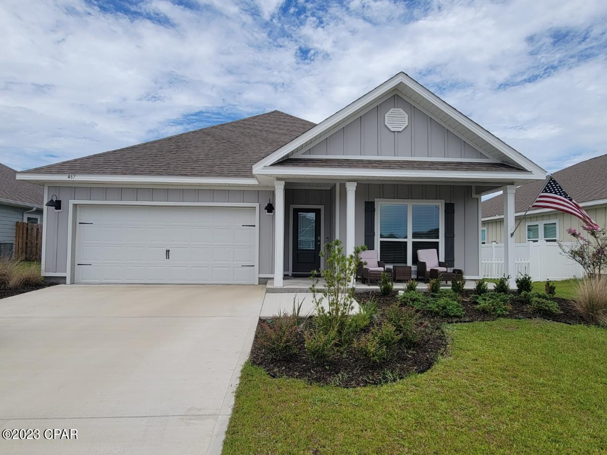 Welcome to the Bridge Harbor community. This home is a 4 bedroom, 2 bath, with a 2 car garage. Built in 2022. The home has an open concept with split bedroom floor plan. The kitchen features a large breakfast island with granite countertops, pantry, and plenty cabinet space. Spacious master suite has trayed ceiling, and the bathroom features double vanity granite countertops, separate shower & tub, and large walk in closet. Covered patio in the back of the home, fenced, and partial view of the pond. There is also a community pool with BBQ stations. Underground utilities, and sidewalks. This home is convenient to Tyndall AFB, shopping, schools, restaurants, both Mexico Beach & Panama City Beach.  Call for a tour!