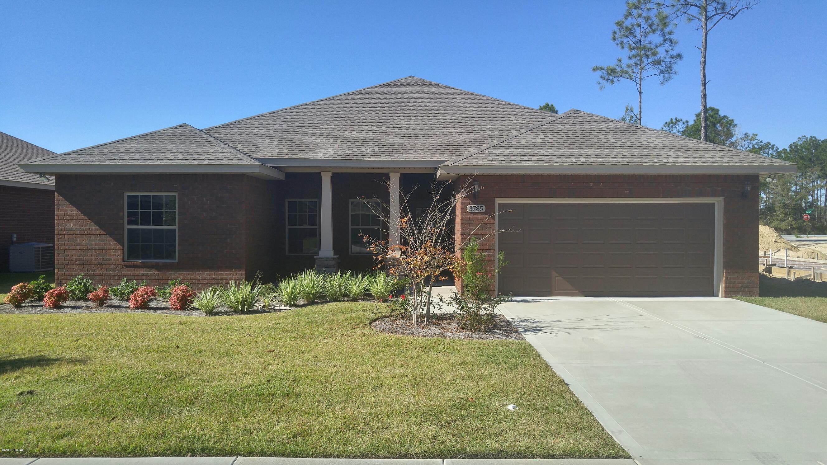 New construction in just opened Cedar Park offering easy access to greater Panama City, Panama City Beach, and TAFB! All brick home offers great room with 10Ft ceiling with step up ceiling, dining room, open kitchen with granite counters, and stainless appliances, master suite with tray ceiling, double vanity, separate shower and tub, walk-in closet. Other interior features include powder room, tile flooring, recessed lighting, custom cabinetry, and ceiling fans...Exterior includes brick siding, 2 car garage, covered porch, and sprinkler system. Cedar Park features landscaped entrance, two parks, pavilion, playground, underground utilities, custom street lighting, and sidewalks.