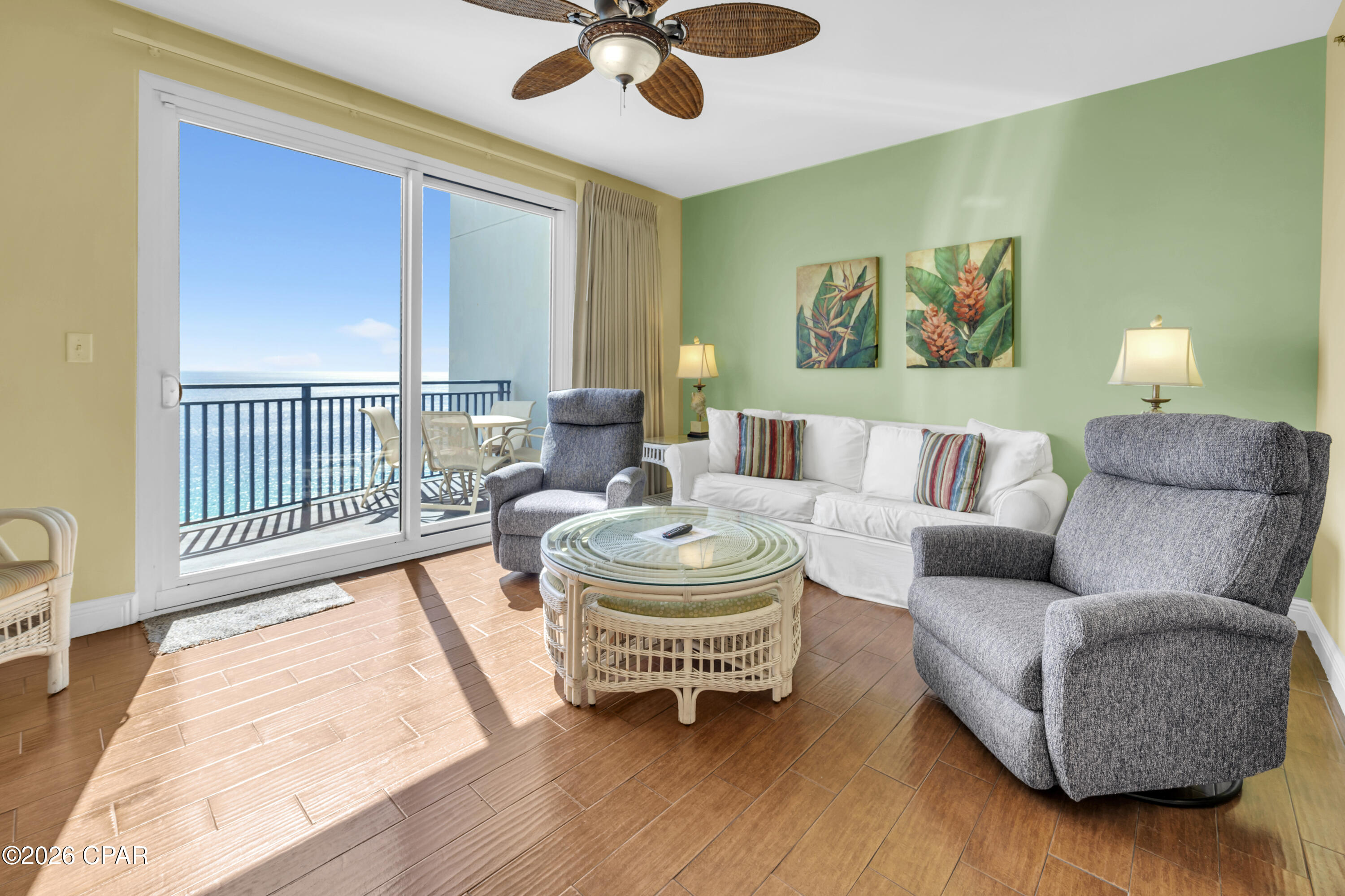 Experience elevated beach living in this one-of-a-kind penthouse at Sterling Breeze, where sun-filled days of swimming, biking, and relaxing meet the ease of condo ownership. Boasting panoramic Gulf and pool views from the balcony, living room, dining room, and kitchen, this residence offers the perfect setting for alfresco entertaining. The open, efficient floor plan features 9' ceilings, hard surface flooring, a master suite with hall bunks, a large kitchen, family room, and elegant wood cabinetry. Fully furnished and rental-ready, the balcony includes a grill to enjoy sunsets over the Gulf. Sterling Breeze blends coastal elegance with boutique beachfront luxury, providing spectacular views and comfort. The HOA is very healthy and owns all commercial spaces, generating rental income that offsets expenses and keeps condo fees favorable. With fully funded reserves and over $1 million in operating cash, owners enjoy added financial stability and peace of mind. The property can be configured to sleep up to 6 people! Excellent rental income potential! Enjoy the good life at Sterling Breeze one of Panama City Beach's newest and most luxurious beachfront condominium developments. Complex is an upscale boutique facility with an architecturally significant facade; and low density with 145 units, and only seven units per floor. Development amenities include a heated overflow-edge pool and spa, state-of-the-art fitness facility, poolside Internet cafe and wine bar, natural stone gas fire pit, seasonal beach service, and covered parking. This condo is located less than 1/2 mile west of Pier Park.