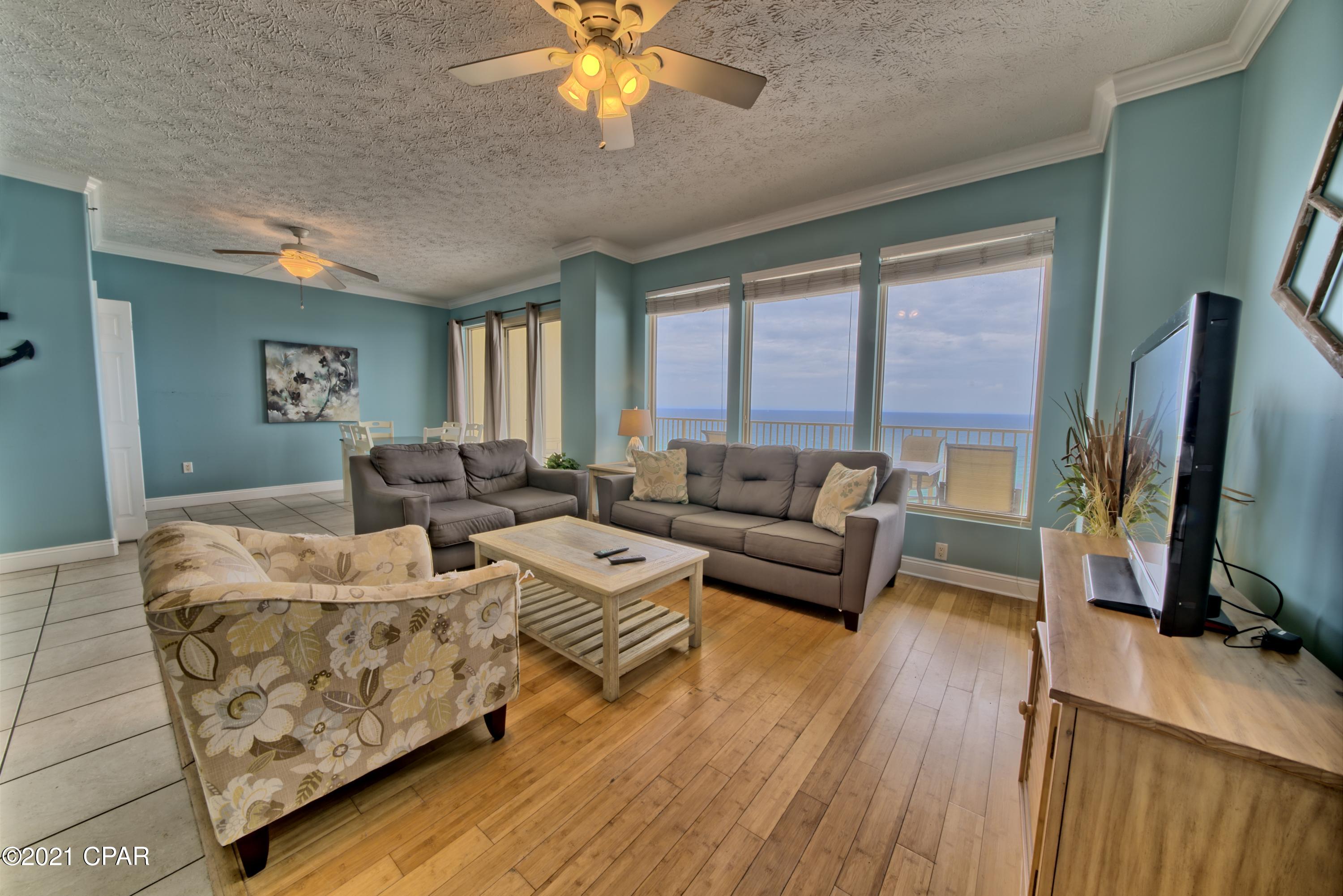 This unit is book solid during the summer. Turns on Saturday. This unit is located on the much desired 10th floor. This is a low density complex with only 7 units per floor. This unit features tile, wood & carpet floors throughout. The complex has perhaps the best floor plan on the beach. The Master Bedroom, Living Room and the Dinning Room are all located on the Gulf Front. The unit features a 39 foot balcony. with a great view of the beach and Gulf. The Master bedroom has a walk-in closet and the Master Bath has a double vanity. The complex is located near many fine restaurants and amusement rides, with easy access to Front Beach Rd. All information is believed to be correct but should be verified by the Buyer.