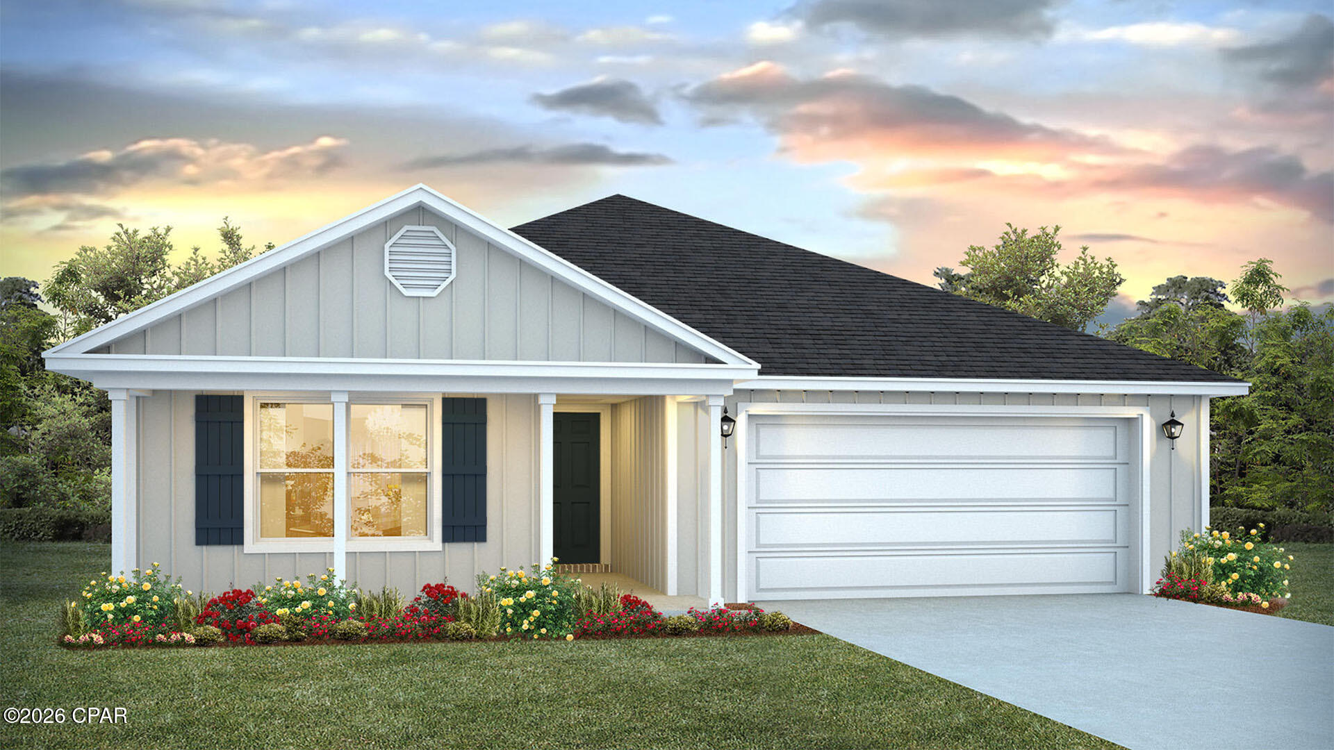 Welcome to the Ryder, a new home floor plan at Morningside in Panama City, Florida. The Ryder is a large open floor plan design complete with many features and space for you and your family. As you walk up to the home, you will be welcomed by the covered front porch and the spacious two-car garage. Around the house you will see durable vinyl siding all around, large yards at Morningside, and a large, spacious covered rear porch as well. Both porches have plenty of room for patio furniture to enjoy your day reading a book or watching those beautiful Florida sunsets.

As you walk inside the home, the guest bedrooms and guest bathroom with are located at the front of the home. Each bedroom comes with soft carpet floors and a spacious closet for clothing and storage. Further down the hallway is the garage and additional guest bedroom next to the laundry room. The hallway opens to the large open living room and kitchen leading to primary bedroom and backdoor. The kitchen has an island, a large pantry, and stainless-steel appliances. Next to it is the dining area with a double window next to the back door looking out into your covered rear patio and large back yard. The bathrooms and kitchen have beautiful white cabinets and granite countertops for modern style and durability. The large primary bedroom has soft carpet floors and plenty of space for a king size bed and furniture since the closet is in the primary bathroom. In the primary bathroom you will see beautiful EVP flooring and a double vanity with granite countertops as well as a walk-in shower.

The Ryder floor plan is a popular choice at Morningside. Schedule a showing to see it today!