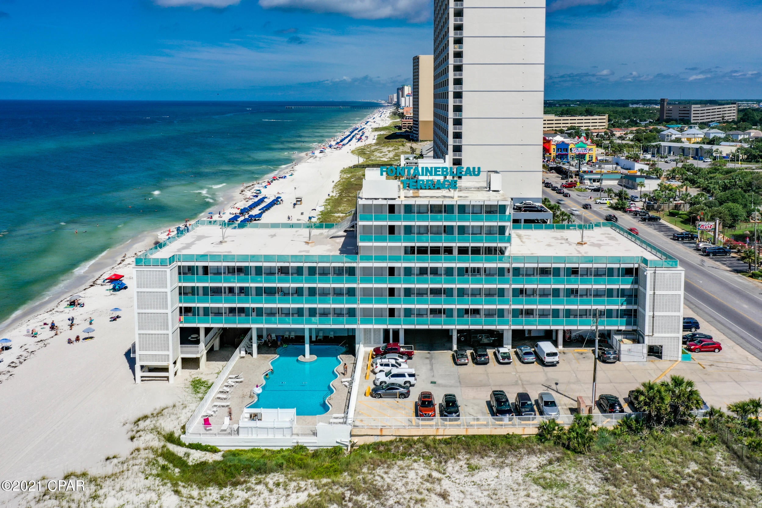'CURRENTLY UNDER CONTRACT, SELLER ACCEPTING BACKUP OFFERS This 7th floor studio condo at iconic Fontainebleau is at the southeast end of the building offering exceptional Gulf views.   It has been stocked and furnished and is turn-key ready for a new investor or to make it your own personal piece of paradise.     Granite countertops, new faucets, new bath vanity, large storage closet, and wood blinds are just a few of the upgrades this condo has to offer.  Building amenities include a newly remodeled pool,  grill, fitness room, outdoor shower, and beautiful terrace views of the Gulf. Monthly HOA fees include electric, water/sewer, cable,  trash, and internet.  Great central location.  Close to shopping and dining and next to quiet Bid-A-Wee Beach with unobstructed Gulf views.  This unit