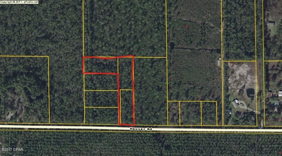 Irregularly shaped 3 lot parcel that totals 3+ acres.Located on Hauser road which is paved. 135 ft of road frontage. 15 minutes to shopping, 25 minutes to Tyndall AFB, boat launch minutes away. Very few small parcels left.