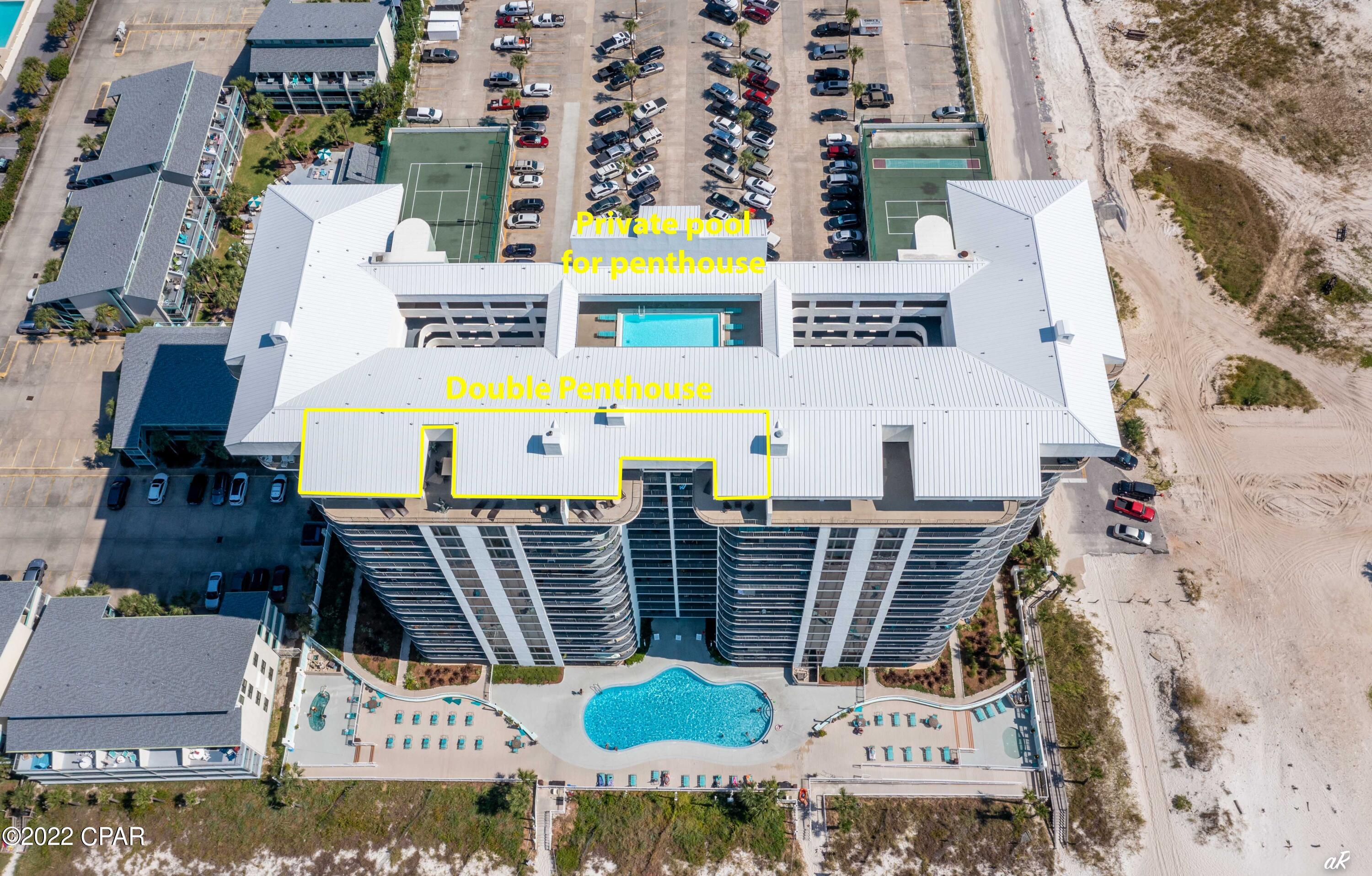 Watercrest 1803 and 1804-Beach Front Penthouse, 5000 square feet, 5 beds, 4 full baths, 2 half baths, absolutely stunning! The only true Gulf front Penthouse available, private floor w/ pool, pool deck, 18th floor with owner access only. Condo is exquisite from top to bottom! 2 master suites both are Gulf front and three large balconies. Outdoor space is fantastic for entertaining, relaxing, sunning, enjoying sunsets and salt air! Penthouse comes with 2 assigned garage parking spaces, both covered which is a huge perk to stay dry in the rain and cool in heat. Amenities include the private pool as well as ground floor pool, hot tub, kiddies' pool, expansive sundecks, lighted tennis court, shuffleboard court, indoor racquetball court, and exercise room. Windows span the length of 5000 sqft condo, peering over the gulf for a view of the white sand and sunsets! 2 separate family rooms with travertine floors, magnificent cathedral ceilings, and wood-burning fireplaces. There are two updated kitchens with their own dining areas indoors as well as outdoor dining on the Gulf front balcony. The west end master suite is tremendous, with walk-in his/her closets, a private water closet with bidet and double vanities as well as a drop-in soaking tub overlooking the Gulf. Words and photos only show part of what this property offers.  Watercrest 1803/1804 is a once-in-a-lifetime find and something like this does not come to the market. Private elevator entrance, private pool, private parking, and a 5000 square foot Gulf front condo  if you are looking for luxury living in Panama City Beach, you need to take advantage of this rare opportunity today!
