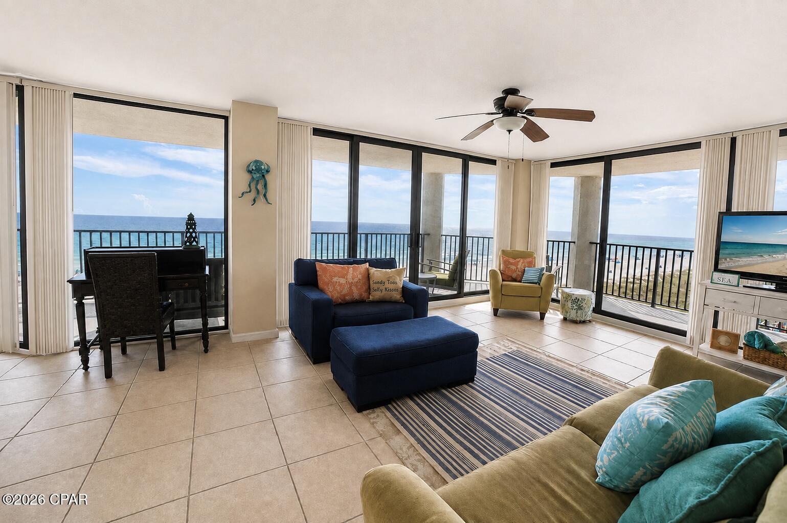 Rarely available and beautifully refreshed, AquaVista 401W is a fully furnished 3-bedroom, 2-bath west-end wraparound residence where sweeping Gulf views and laid-back coastal living take center stage. Walls of brand-new hurricane-rated  doors frame unobstructed views stretching down the coastline, while the private wraparound balcony offers the perfect front-row seat for morning coffee, salty breezes and unforgettable sunsets.

Inside, the recent refresh gives the residence a lighter, more polished feel with new vertical blinds, freshly painted cabinetry and the removal of the original popcorn ceilings, now replaced with smooth, flat-painted ceilings throughout. The kitchen features granite countertops, stainless steel appliances and a convenient breakfast bar. 

AquaVista is a low-density, eight-story beachfront community offering four elevators with one conveniently located just steps from the residence along with a Gulf-front pool, hot tub, sauna, grilling area, covered parking and an owner's lounge. The quieter west-end setting delivers a relaxed, family environment, a short distance to Pier Park, area attractions and Northwest Florida Beaches International Airport only minutes away.

Whether envisioned as a full-time coastal retreat, a treasured second home or a vacation-rental investment, 401W offers a rare combination of panoramic views, thoughtful updates and effortless beachfront living.
