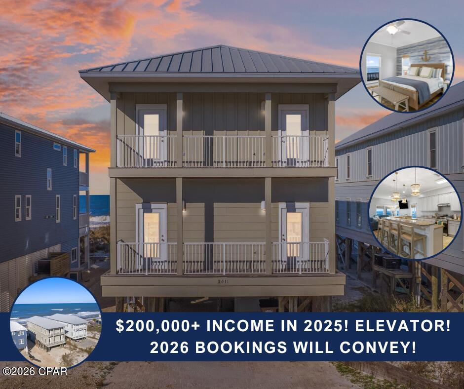 ***2025 RENTAL INCOME:  $205,000
***2026 BOOKINGS AT $205,000 YTD AND ON TRACK FOR $225,000

Money maker AND beach renourishment has  begun on the Cape!  This gorgeous property is ready for you, and there's still plenty of high season left.  Seller will work with you to transfer existing bookings, so you've got money in the bank just waiting on your offer!

HIGHLIGHTS:
• Beachfront beauty
• Gorgeous Gulf views
• 3 levels with elevator!
• 5 Bedrooms, 7 Beds, 4 1/2 Baths
• Sleeps 16
• Successful short term rental (projections included)
• Recently painted interior
• All new furniture March 2024
• Multiple balconies/sun decks

*****

Get ready to live your best beach life with this fantastic Gulf-front gem! With 50 feet of direct access to the beach, this home is all about fun in the sun. Featuring 5 bedrooms and 4.5 baths, plus an extra area that can easily serve as a 6th bedroom, there's plenty of space for everyone!

Spread over three stories, this beauty includes an elevator for easy access to all levels. The main living area has an open floor plan that's perfect for gatherings, with a spacious kitchen packed with counter space, a large breakfast bar, a cozy dining room, and a welcoming living room. 

You'll love the oversized master bedroom with its own Gulf-facing balcony, where you can soak in those ocean views! Newly furnished as of March 2024, this home is ready for you to move right in or start renting out.

Parking? No problem! There's room for 4+ vehicles on the long driveway. Plus, you'll have direct boardwalk access to the soft, white sands of the beach--ideal for lazy days by the water. Located conveniently close to all the fun on the Forgotten Coast and just a hop away from a public boat ramp, you'll never run out of things to do.

With a laundry room and an additional closet for washer/dryer connections, this place has everything you need. Don't miss out on this incredible opportunity to embrace the beach lifestyle!

See the walkthrough video attached to this listing, and ask your agent for the Airbnb link as well.

Thank you for your interest. We look forward to your offer!