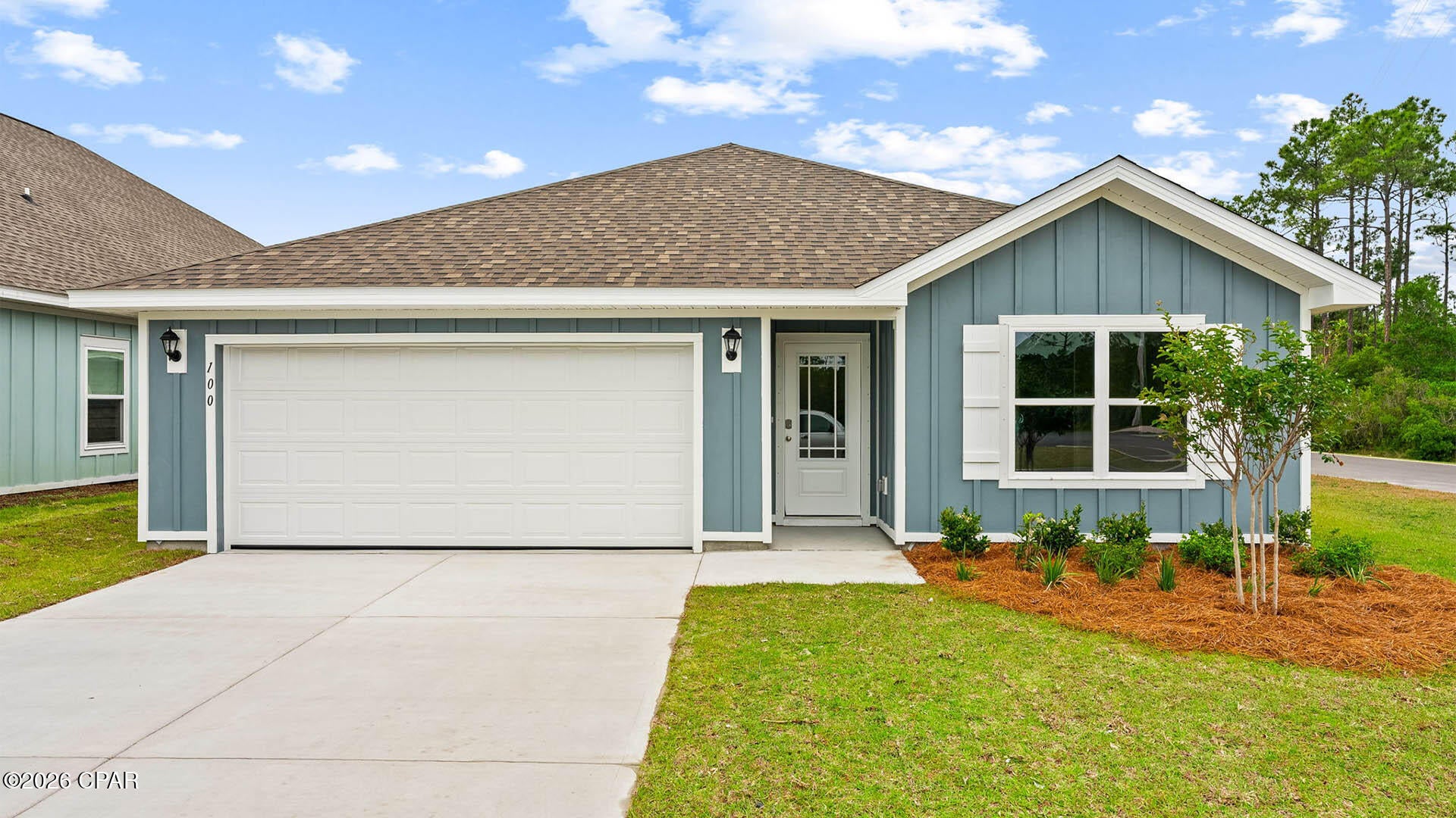 CORNER LOT!! The Aldridge is one of our one-story floorplans featured in our Palmetto Bluff community in Port St Joe, Florida. Featuring a corner lot, front primary bedroom, 2 car garage, and open living room and kitchen, it is a cozy home designed for the first-time home buyer. As you enter this 3 bedroom, 2 bath home, you will see 1,293 square feet of spacious, comfortable living. Inside you will see 8' ceilings throughout, engineered vinyl plank flooring throughout the main areas, and soft carpet in the bedrooms. Granite white countertops, white cabinetry and a spacious open living room and kitchen make this home perfect for having guests over. The kitchen has a center island that is perfect for serving kids or guests, a nice size walk-in pantry and the stainless-steel appliances include smooth top range, microwave, and dishwasher. Located right next to the dining area, this makes serving meals with ease. The primary bedroom has a spacious closet and bathroom with double sink vanity featuring white granite countertops and shower. This home has been equipped with Smart Home Technology including a Qolsys touch panel that can be integrated to control your thermostat, lighting and even secure your home.